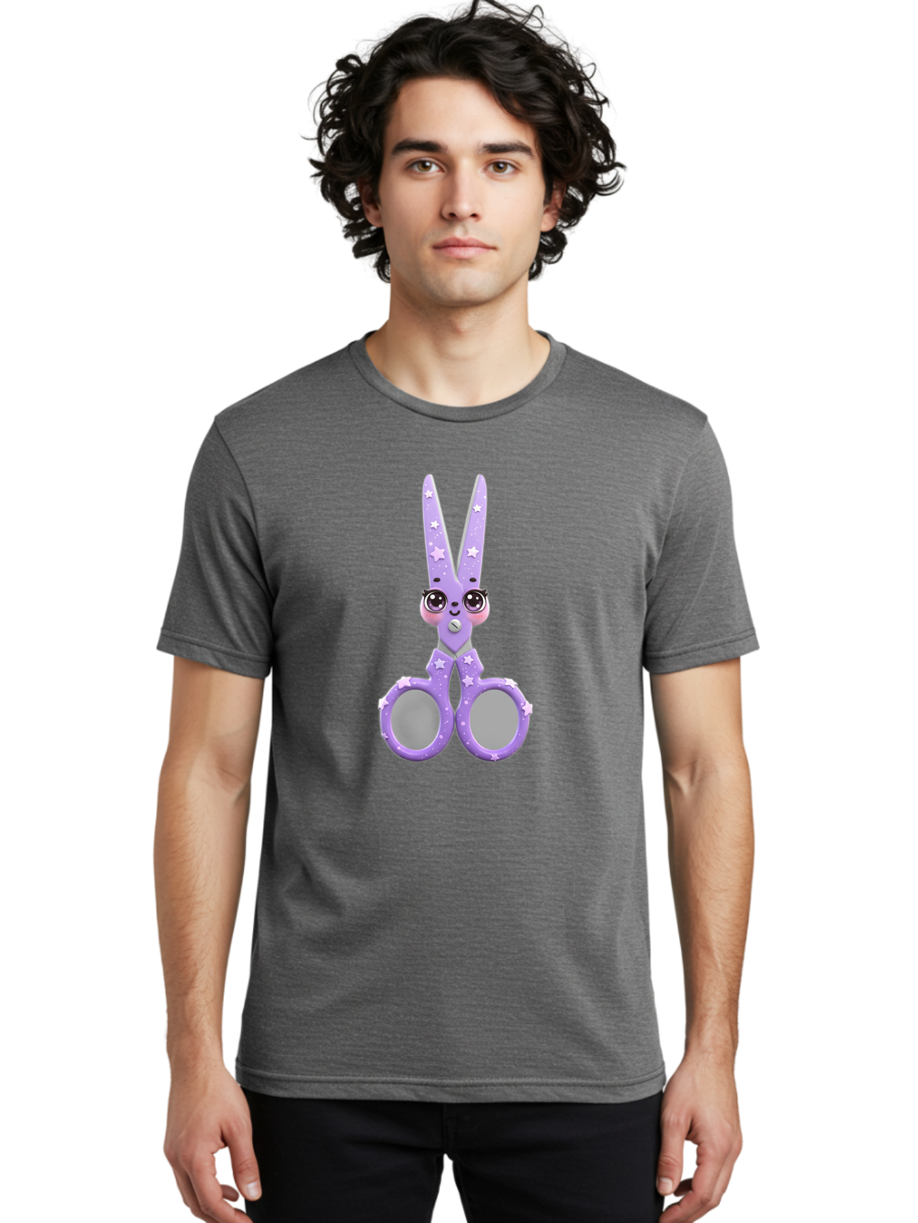 Purple-Bunny-Scissors Men'S Graphic Tee, 100% Cotton, Comfortable Casual Summer Wear, Machine Washable, Cute Cartoon Bunny, Purple Scissors, Star Pattern, Children'S Craft Tool, Art Supplies, Nursery Decor, Fun Design, Bad462