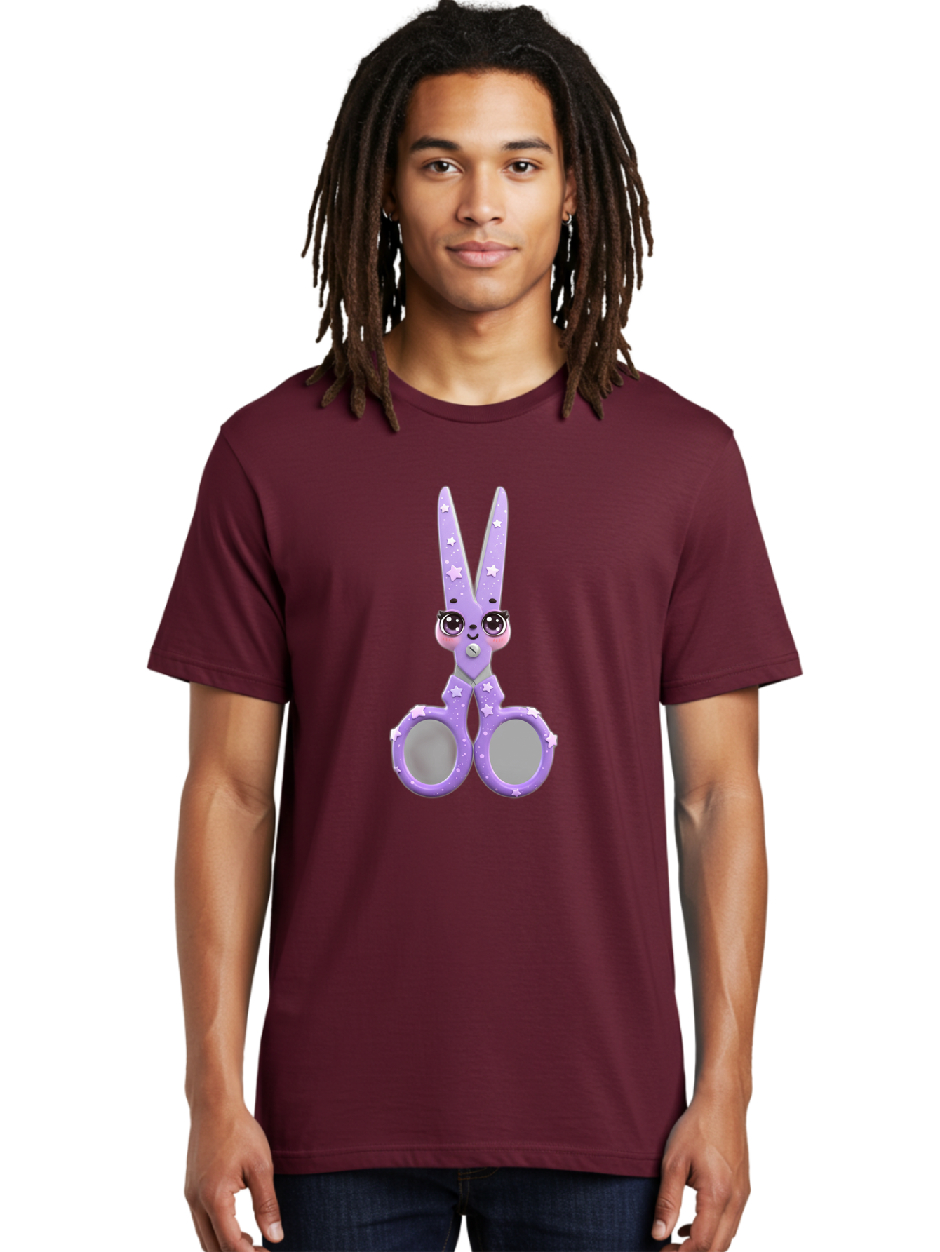 Purple-Bunny-Scissors Men'S Graphic Tee, 100% Cotton, Comfortable Casual Summer Wear, Machine Washable, Cute Cartoon Bunny, Purple Scissors, Star Pattern, Children'S Craft Tool, Art Supplies, Nursery Decor, Fun Design, Bad462