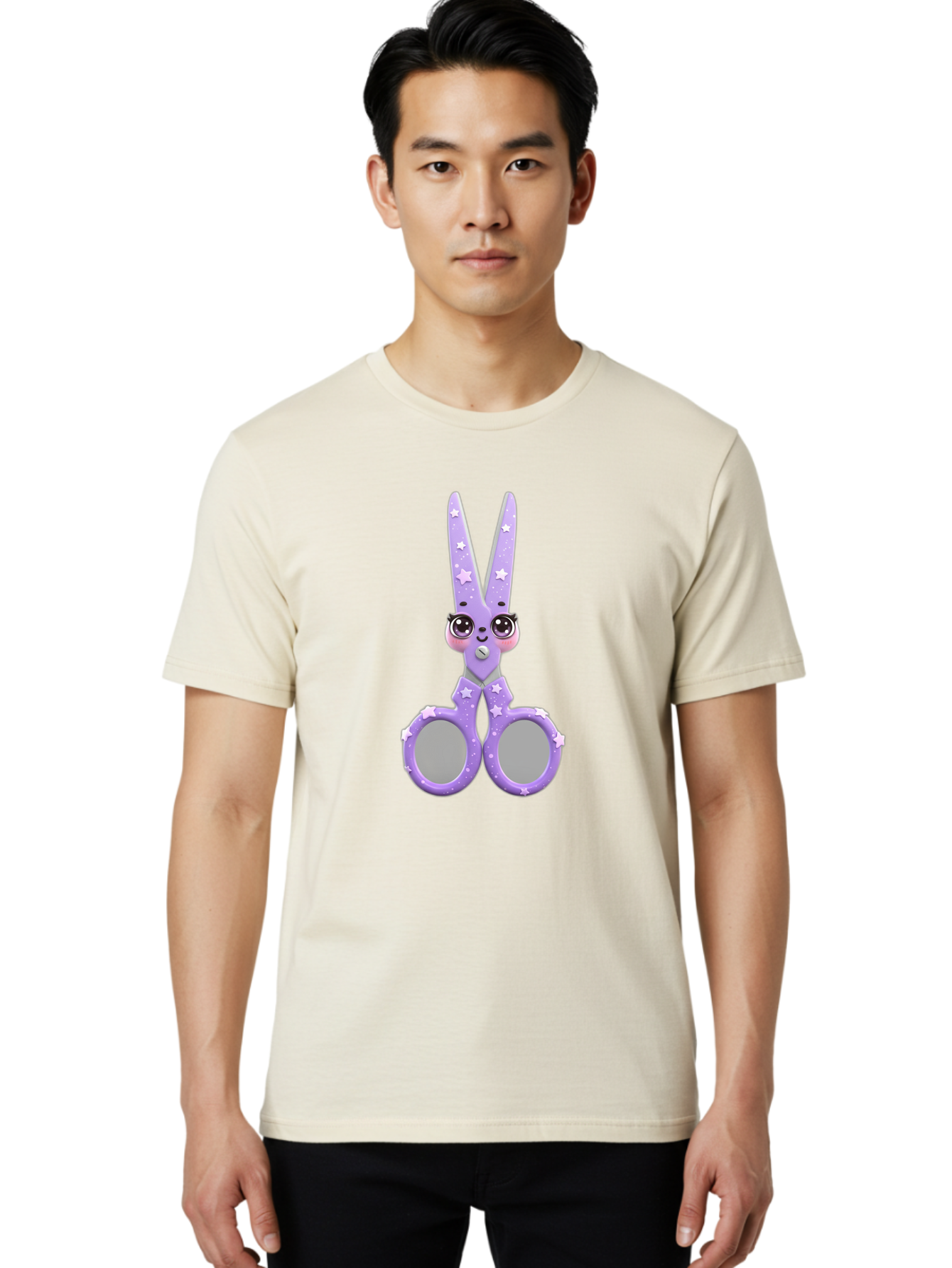 Purple-Bunny-Scissors Men'S Graphic Tee, 100% Cotton, Comfortable Casual Summer Wear, Machine Washable, Cute Cartoon Bunny, Purple Scissors, Star Pattern, Children'S Craft Tool, Art Supplies, Nursery Decor, Fun Design, Bad462