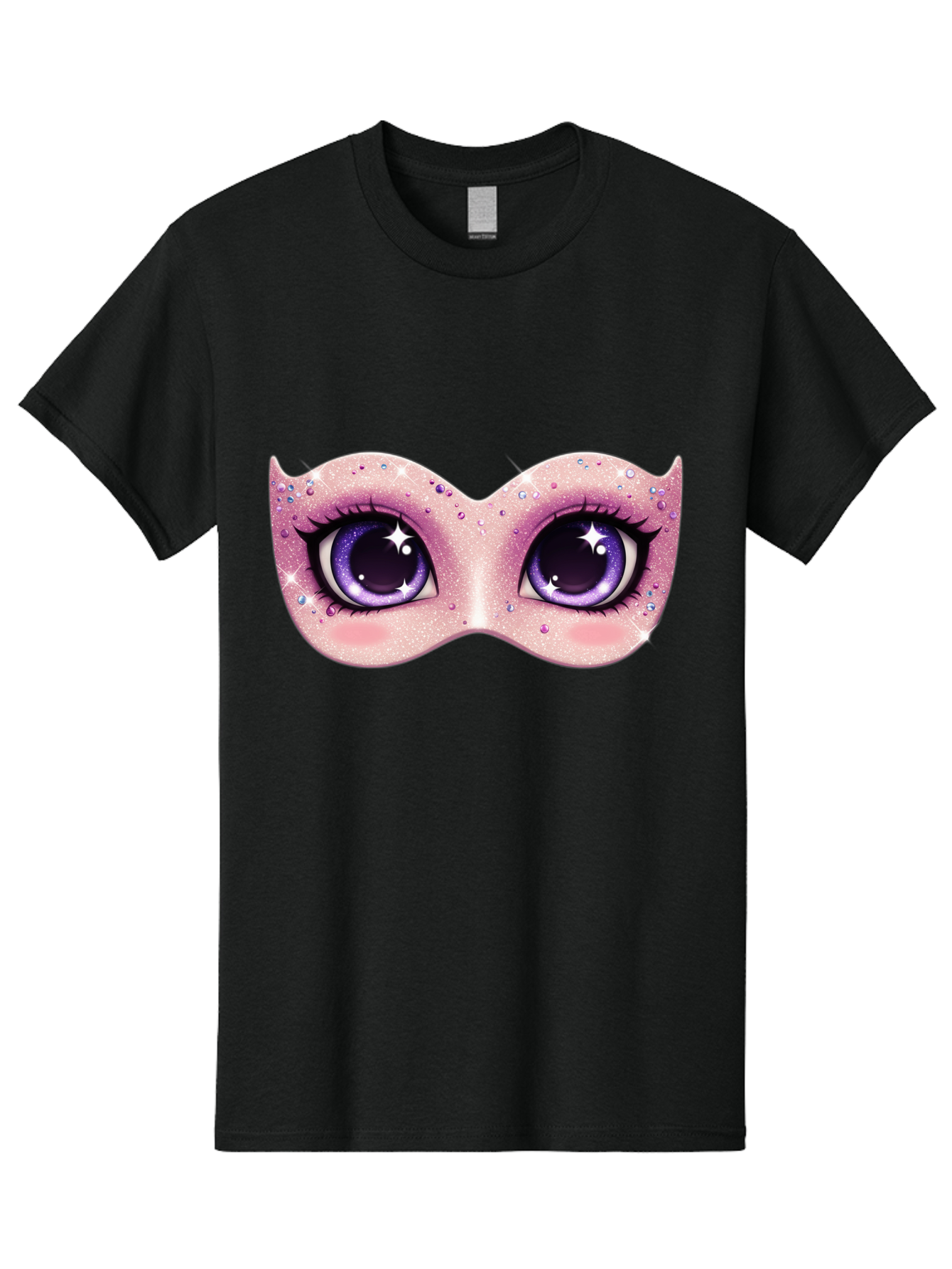 Purple-Eyes-Mask Men'S Graphic Tee, 100% Cotton, Comfortable Casual Summer Wear, Machine Washable, Cartoon Woman Eyes, Purple Eyes, Pink Mask, Rhinestones, Glamorous, Mysterious, Fashion, Beauty, Makeup, Cosmetics Bad463