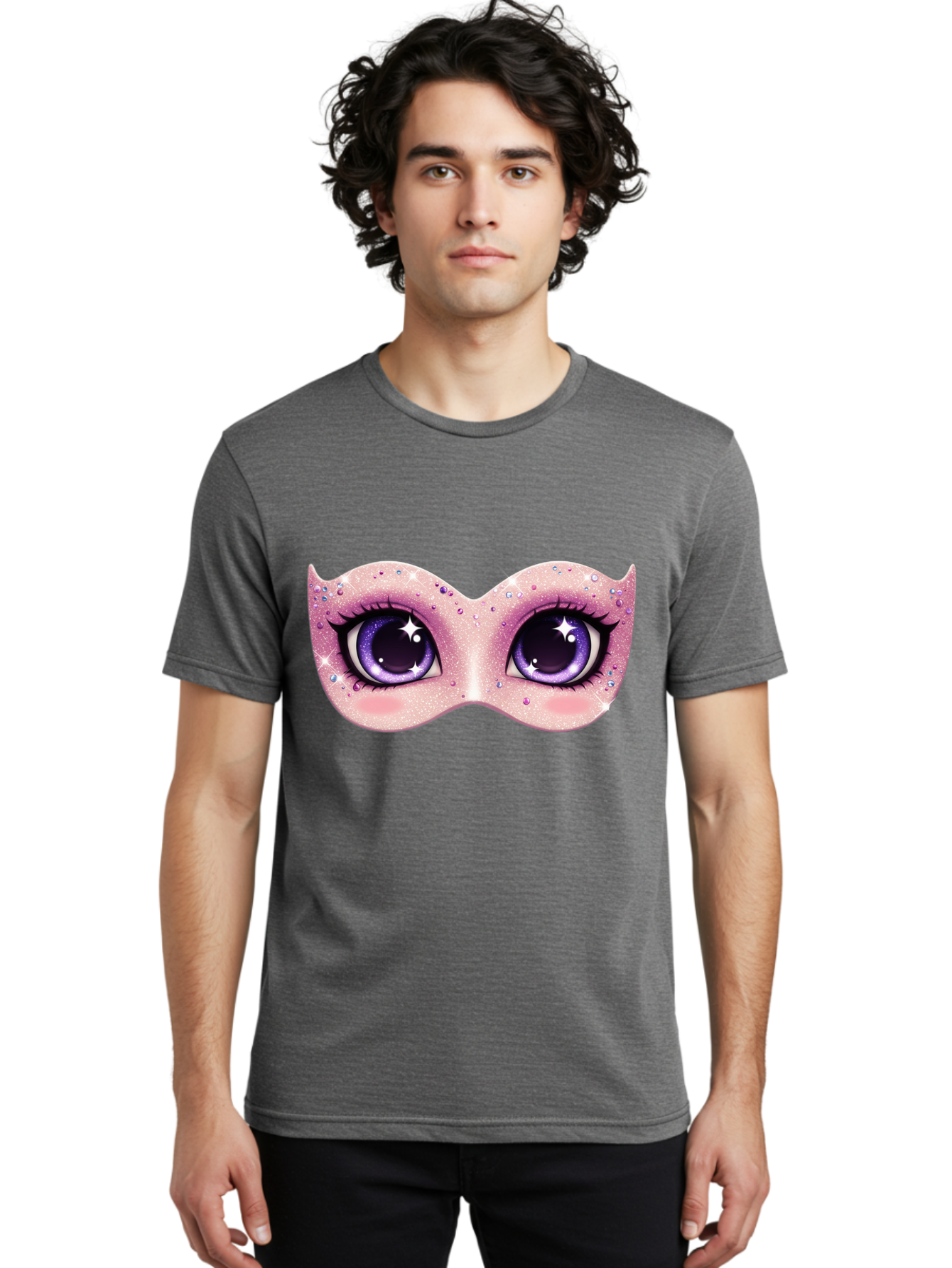 Purple-Eyes-Mask Men'S Graphic Tee, 100% Cotton, Comfortable Casual Summer Wear, Machine Washable, Cartoon Woman Eyes, Purple Eyes, Pink Mask, Rhinestones, Glamorous, Mysterious, Fashion, Beauty, Makeup, Cosmetics Bad463