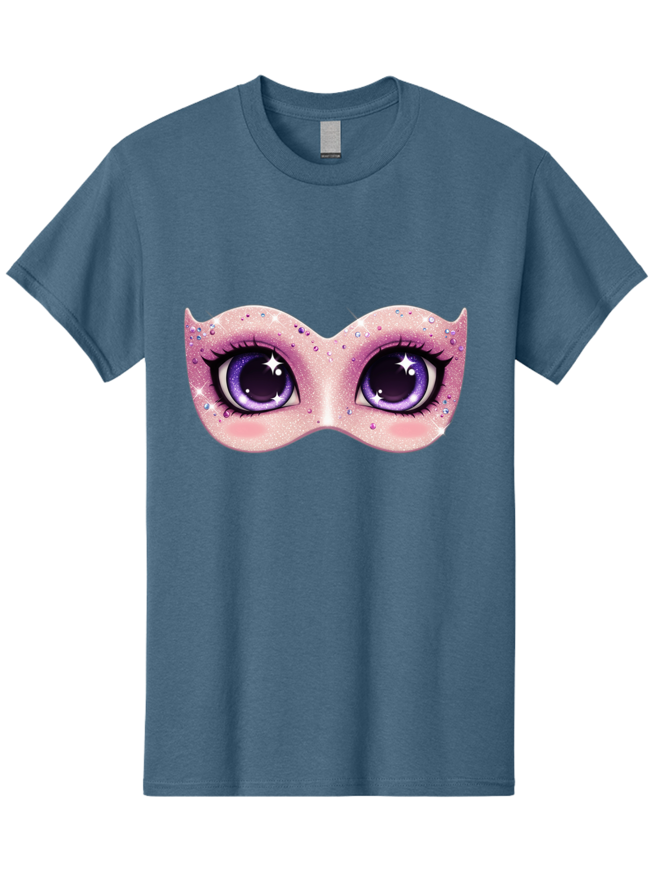 Purple-Eyes-Mask Men'S Graphic Tee, 100% Cotton, Comfortable Casual Summer Wear, Machine Washable, Cartoon Woman Eyes, Purple Eyes, Pink Mask, Rhinestones, Glamorous, Mysterious, Fashion, Beauty, Makeup, Cosmetics Bad463