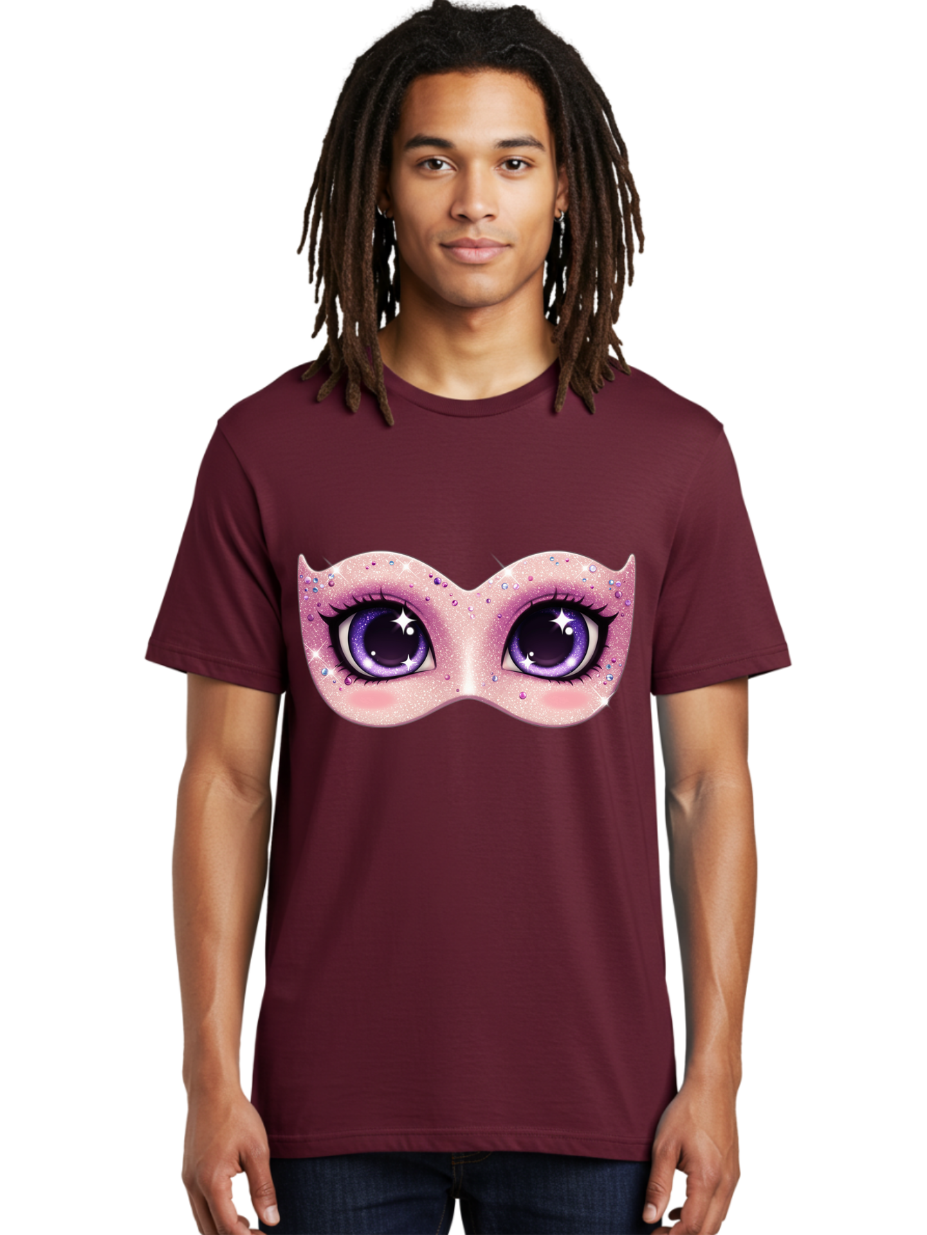 Purple-Eyes-Mask Men'S Graphic Tee, 100% Cotton, Comfortable Casual Summer Wear, Machine Washable, Cartoon Woman Eyes, Purple Eyes, Pink Mask, Rhinestones, Glamorous, Mysterious, Fashion, Beauty, Makeup, Cosmetics Bad463