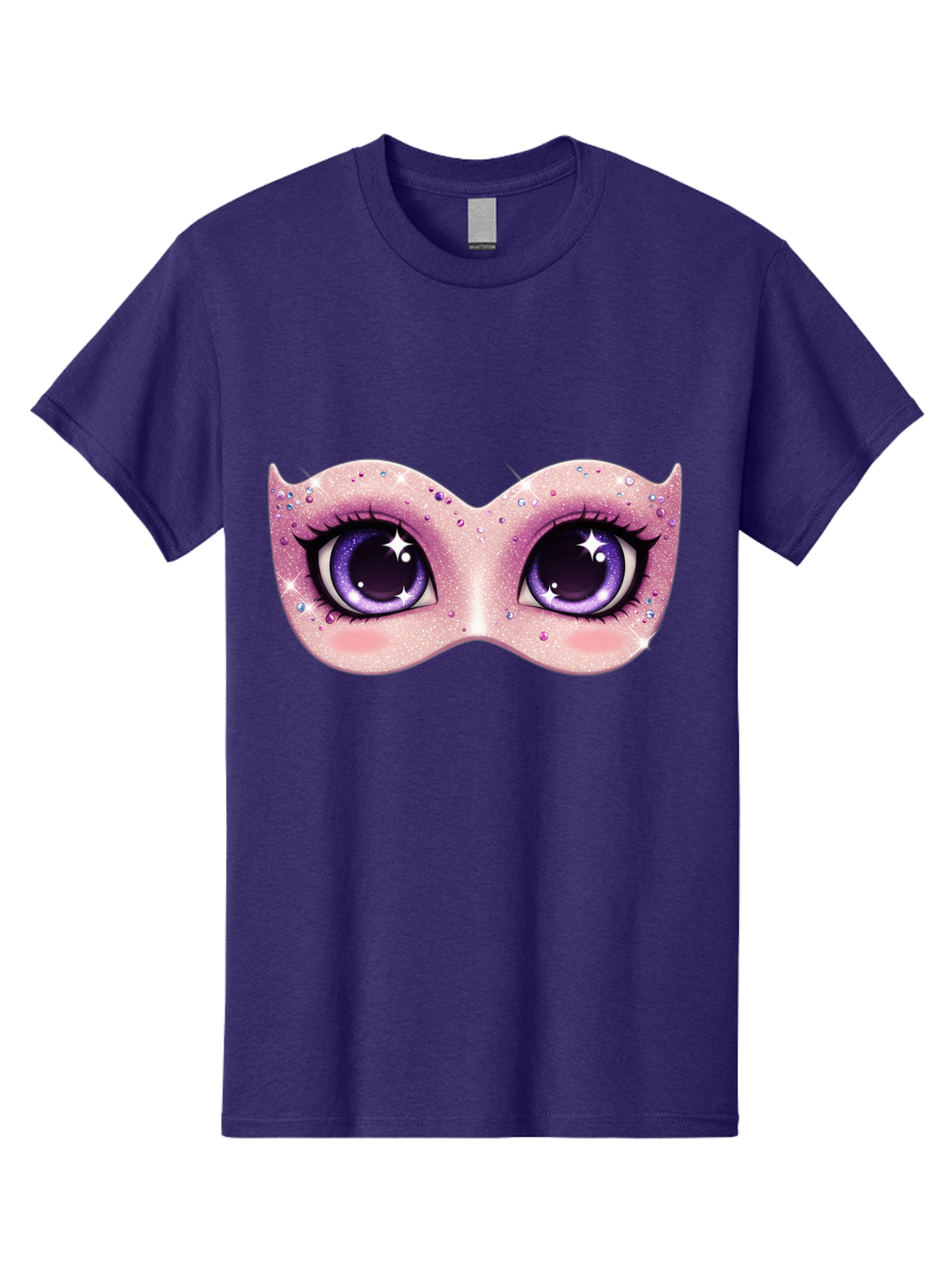 Purple-Eyes-Mask Men'S Graphic Tee, 100% Cotton, Comfortable Casual Summer Wear, Machine Washable, Cartoon Woman Eyes, Purple Eyes, Pink Mask, Rhinestones, Glamorous, Mysterious, Fashion, Beauty, Makeup, Cosmetics Bad463