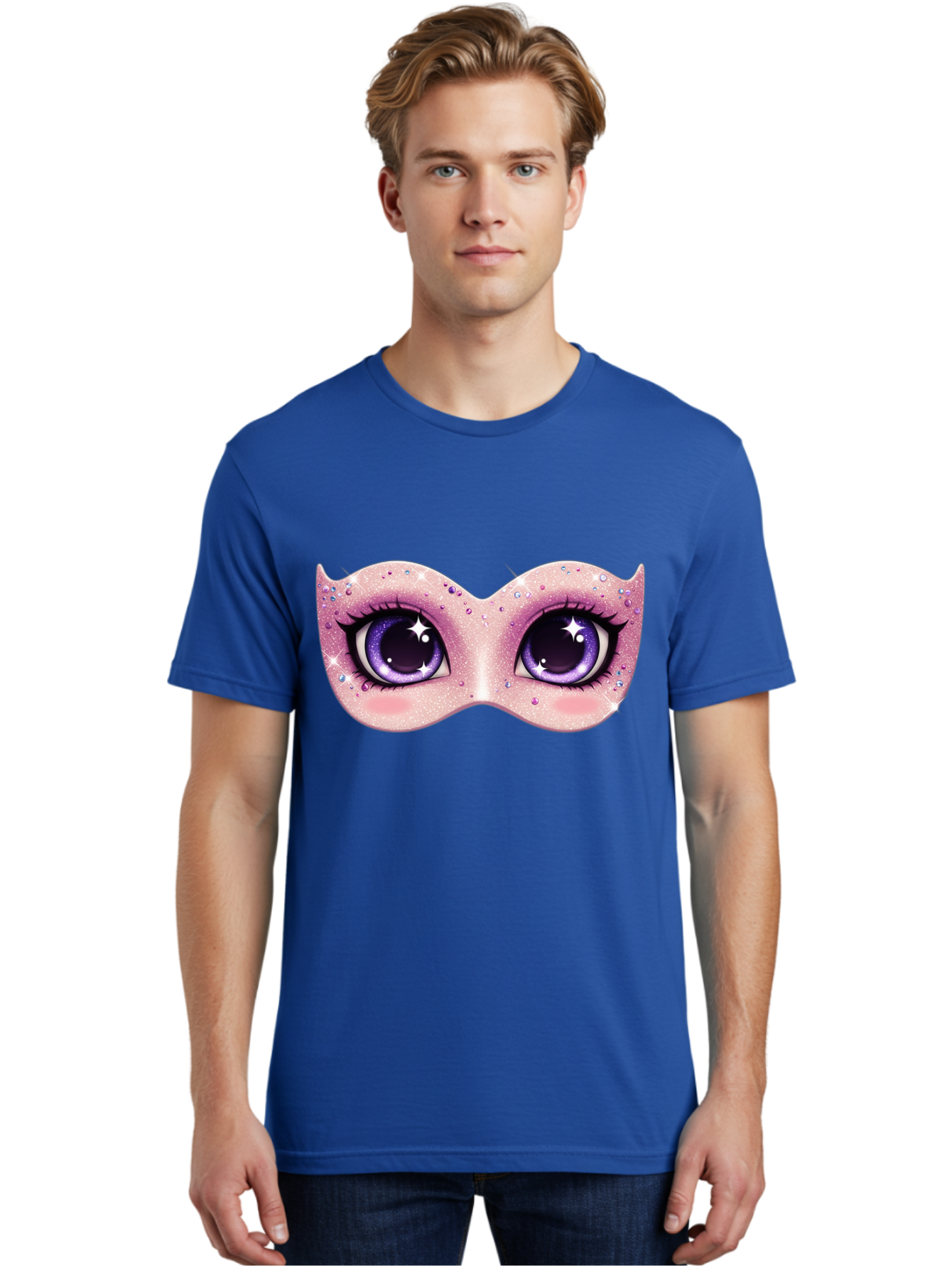Purple-Eyes-Mask Men'S Graphic Tee, 100% Cotton, Comfortable Casual Summer Wear, Machine Washable, Cartoon Woman Eyes, Purple Eyes, Pink Mask, Rhinestones, Glamorous, Mysterious, Fashion, Beauty, Makeup, Cosmetics Bad463