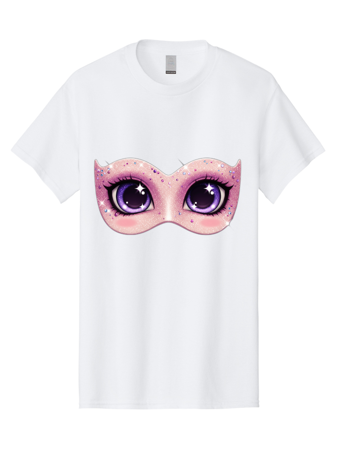Purple-Eyes-Mask Men'S Graphic Tee, 100% Cotton, Comfortable Casual Summer Wear, Machine Washable, Cartoon Woman Eyes, Purple Eyes, Pink Mask, Rhinestones, Glamorous, Mysterious, Fashion, Beauty, Makeup, Cosmetics Bad463