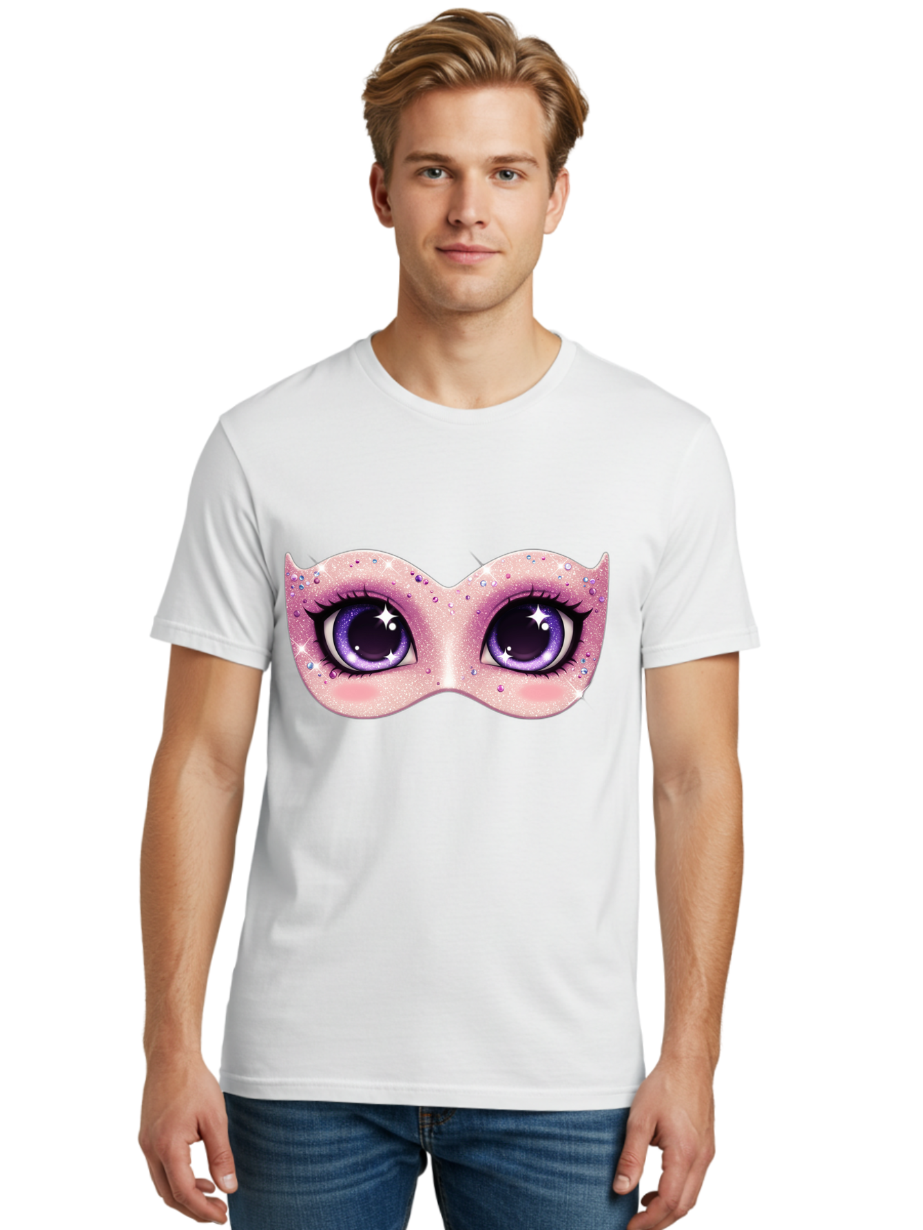 Purple-Eyes-Mask Men'S Graphic Tee, 100% Cotton, Comfortable Casual Summer Wear, Machine Washable, Cartoon Woman Eyes, Purple Eyes, Pink Mask, Rhinestones, Glamorous, Mysterious, Fashion, Beauty, Makeup, Cosmetics Bad463