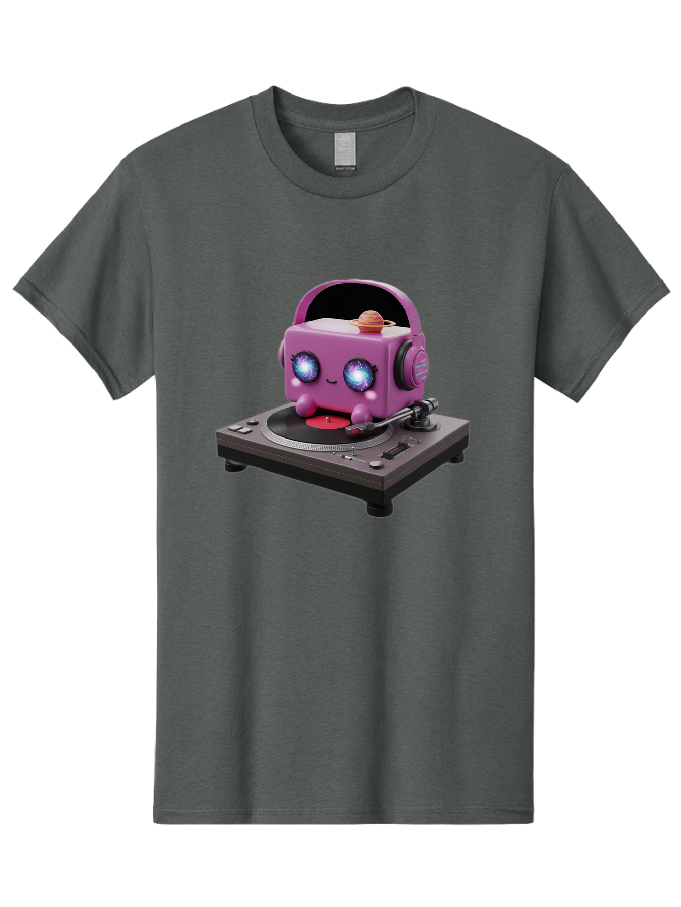 Purple-Robot Men'S Graphic Tee, 100% Cotton, Comfortable Casual Summer Wear, Machine Washable, Purple Robot, Record Player, Vinyl Records, Music Lover, Kawaii Character, Cartoon Robot, Galaxy Eyes, Planet On Head, Headphones, Music Enthusiast, Bad465
