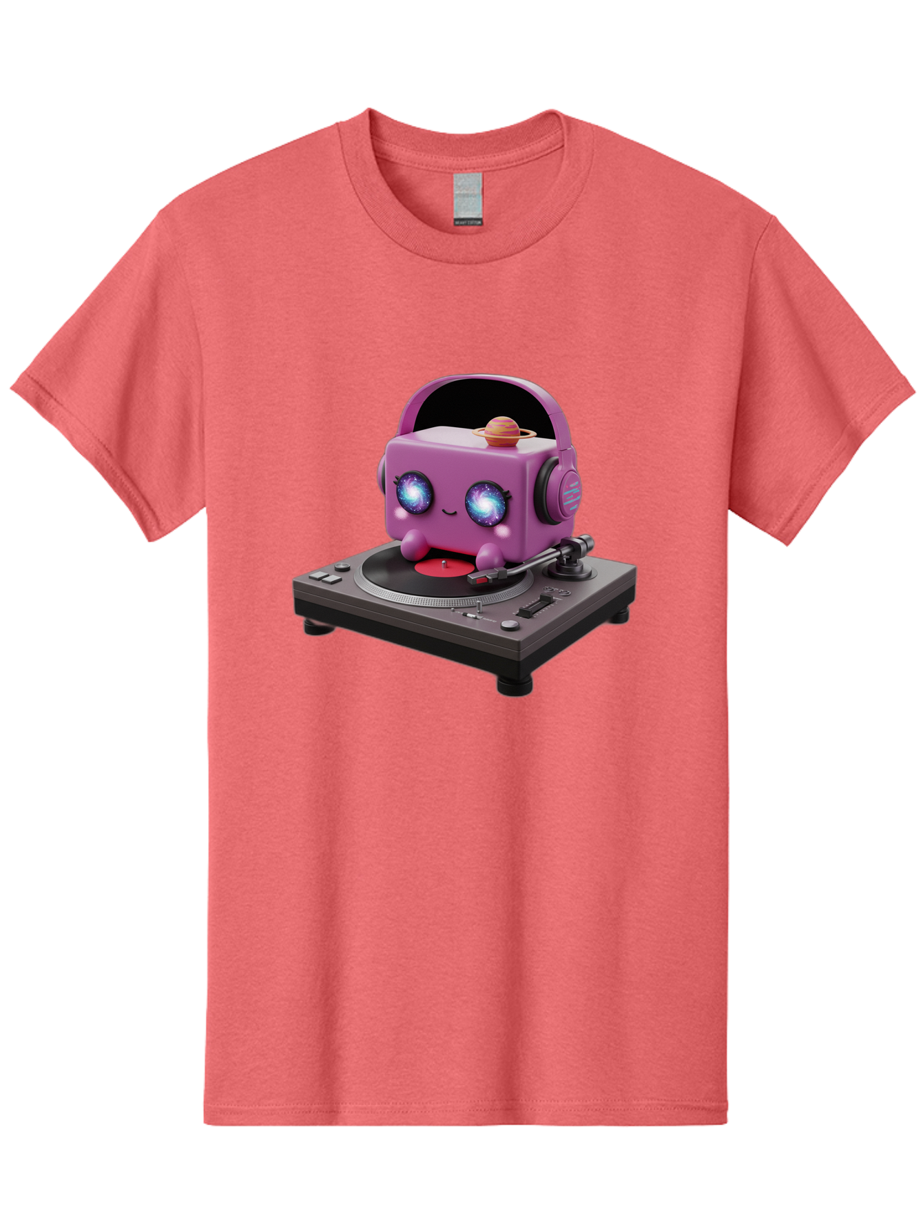 Purple-Robot Men'S Graphic Tee, 100% Cotton, Comfortable Casual Summer Wear, Machine Washable, Purple Robot, Record Player, Vinyl Records, Music Lover, Kawaii Character, Cartoon Robot, Galaxy Eyes, Planet On Head, Headphones, Music Enthusiast, Bad465