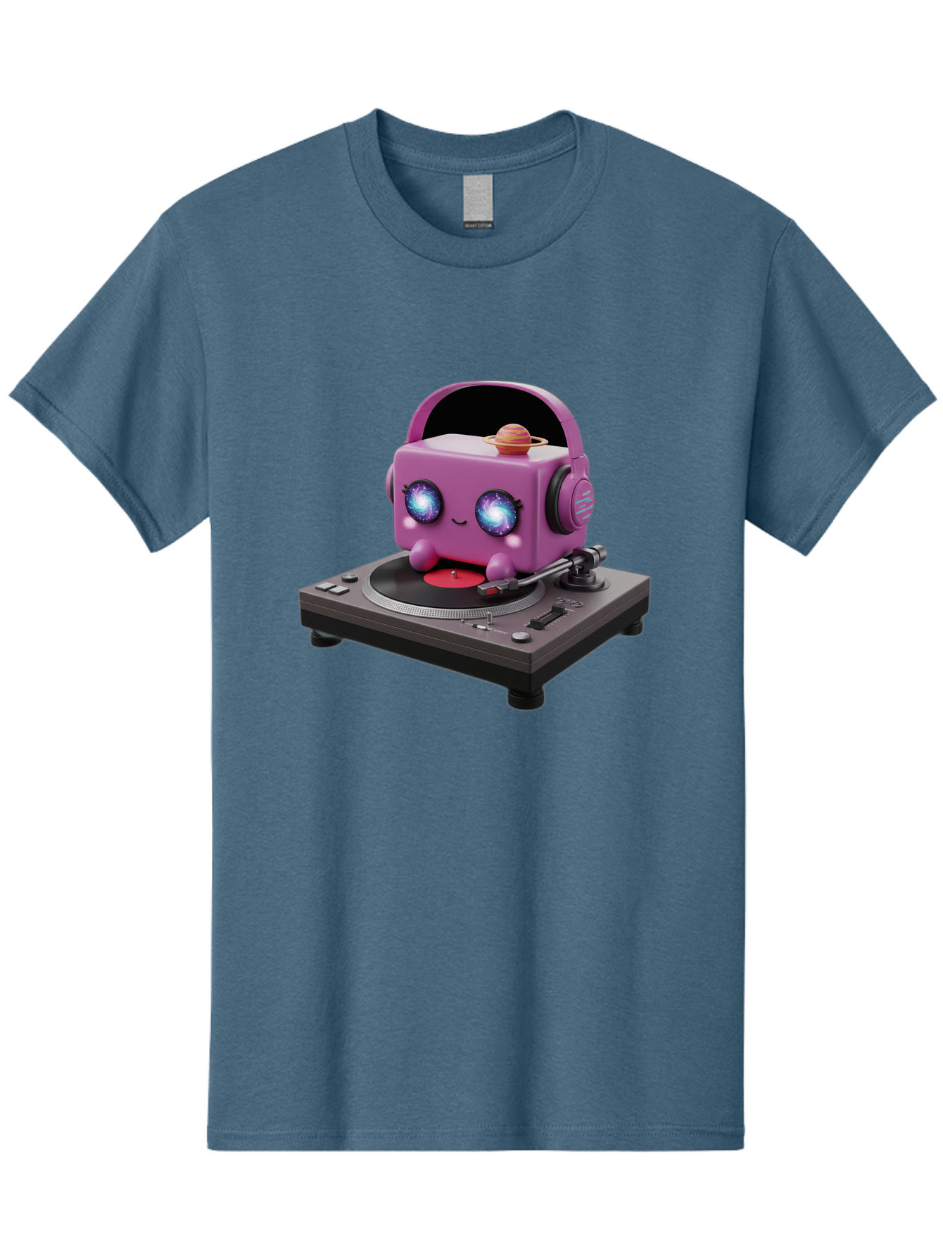 Purple-Robot Men'S Graphic Tee, 100% Cotton, Comfortable Casual Summer Wear, Machine Washable, Purple Robot, Record Player, Vinyl Records, Music Lover, Kawaii Character, Cartoon Robot, Galaxy Eyes, Planet On Head, Headphones, Music Enthusiast, Bad465