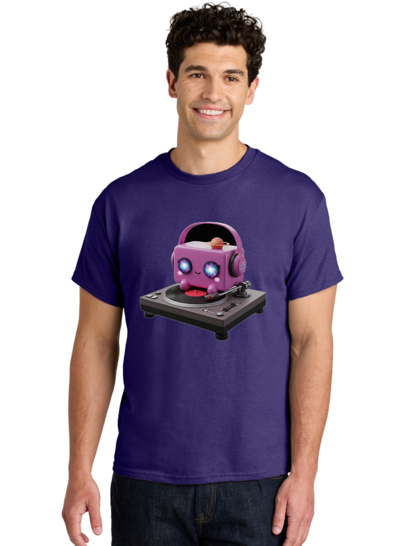 Purple-Robot Men'S Graphic Tee, 100% Cotton, Comfortable Casual Summer Wear, Machine Washable, Purple Robot, Record Player, Vinyl Records, Music Lover, Kawaii Character, Cartoon Robot, Galaxy Eyes, Planet On Head, Headphones, Music Enthusiast, Bad465