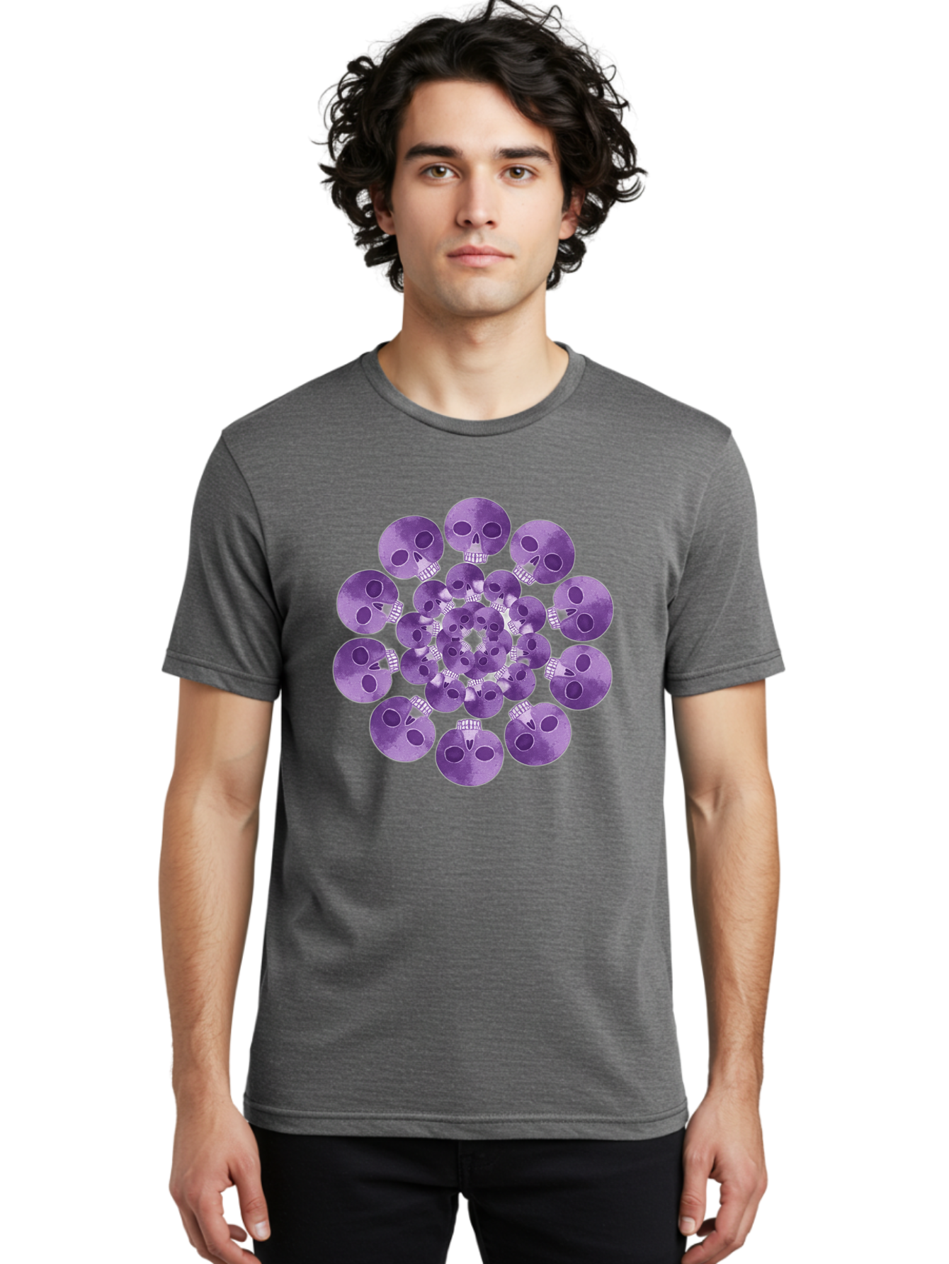 Purple-Skulls Men'S Graphic Tee, 100% Cotton, Comfortable Casual Summer Wear, Machine Washable, Cluster Of Purple Skulls, Skull Illustration, Gothic Art, Skull Design, Purple And White Colors, Skull Pattern, Dark Aesthetic, Grunge Style Bad466