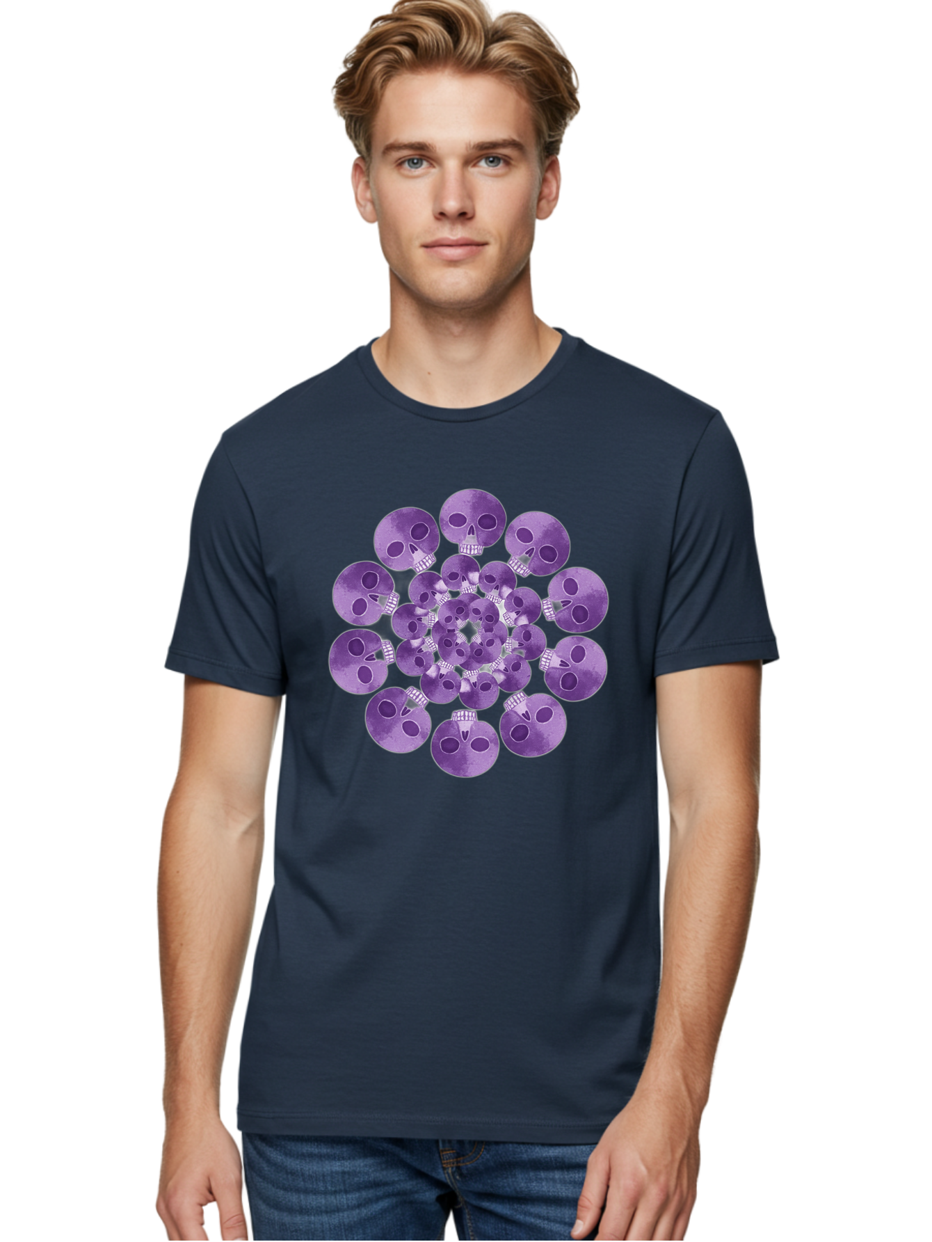 Purple-Skulls Men'S Graphic Tee, 100% Cotton, Comfortable Casual Summer Wear, Machine Washable, Cluster Of Purple Skulls, Skull Illustration, Gothic Art, Skull Design, Purple And White Colors, Skull Pattern, Dark Aesthetic, Grunge Style Bad466