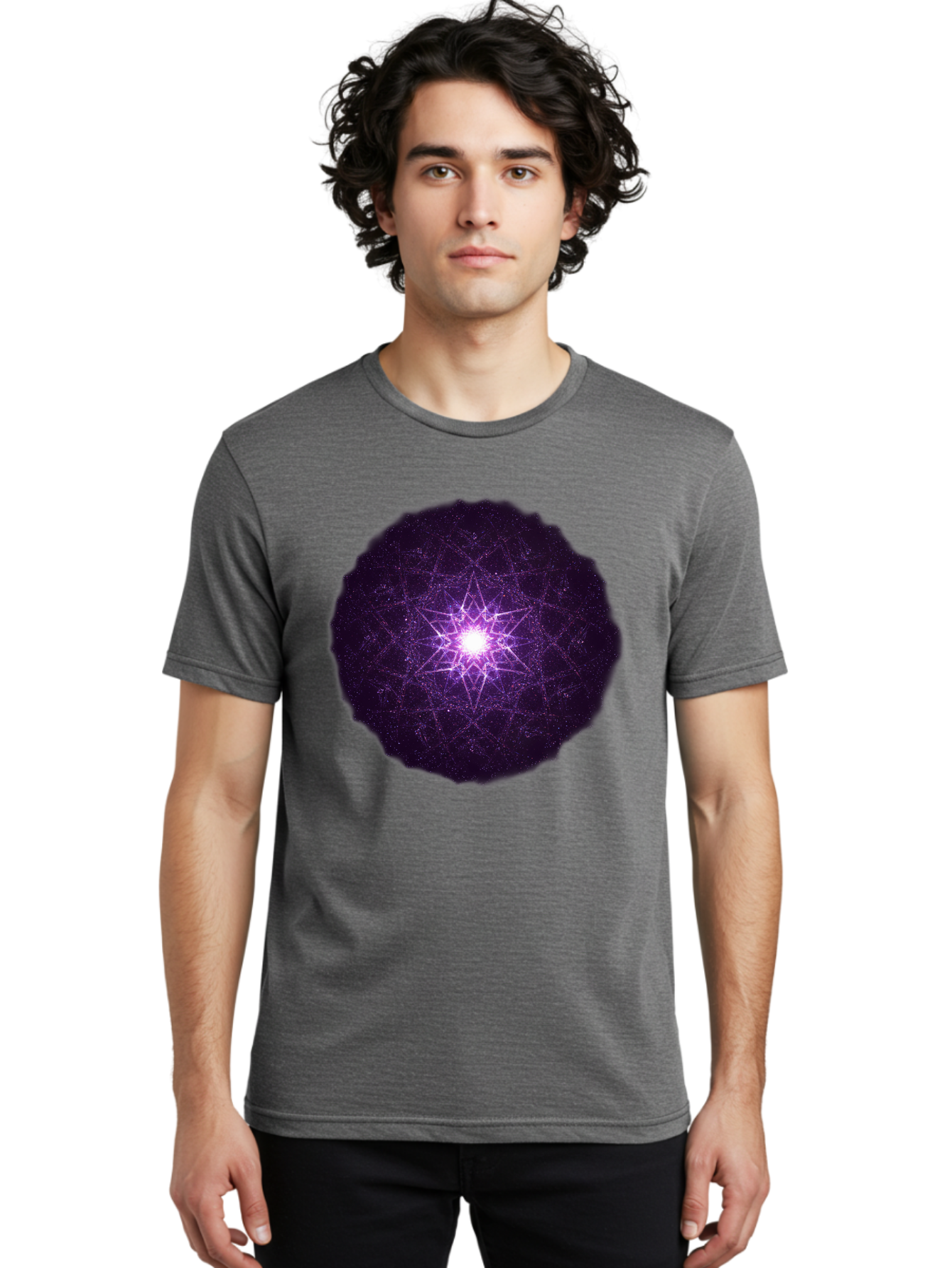 Purple-Star Men'S Graphic Tee, 100% Cotton, Comfortable Casual Summer Wear, Machine Washable, Sacred Geometry, Purple Star, Mystical Symbol, Spiritual Pattern, Geometric Shape, Celestial Body, Starburst, Mandala, Abstract Art, Cosmic Energy Bad467