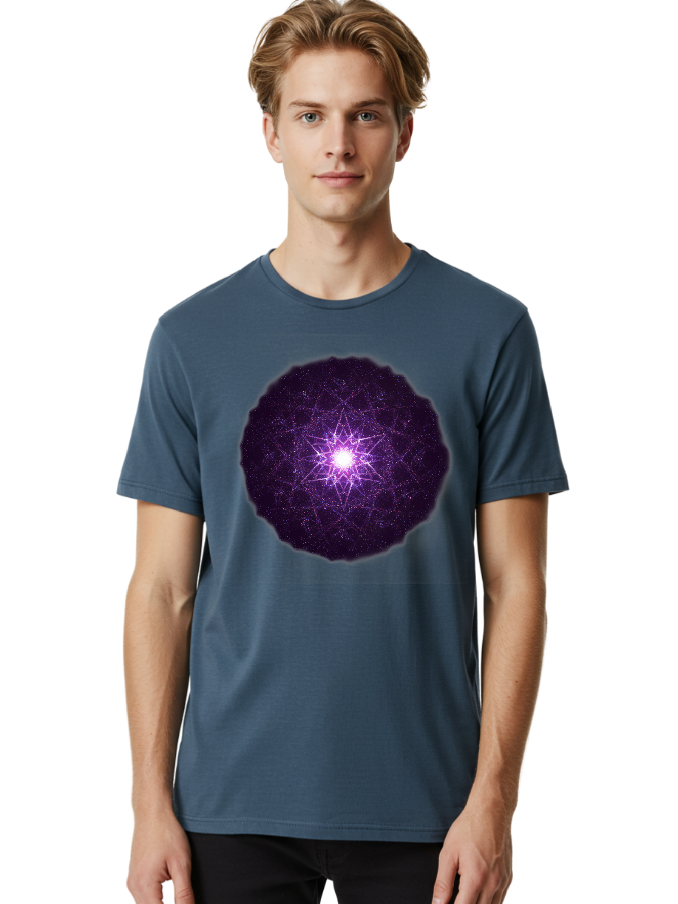 Purple-Star Men'S Graphic Tee, 100% Cotton, Comfortable Casual Summer Wear, Machine Washable, Sacred Geometry, Purple Star, Mystical Symbol, Spiritual Pattern, Geometric Shape, Celestial Body, Starburst, Mandala, Abstract Art, Cosmic Energy Bad467