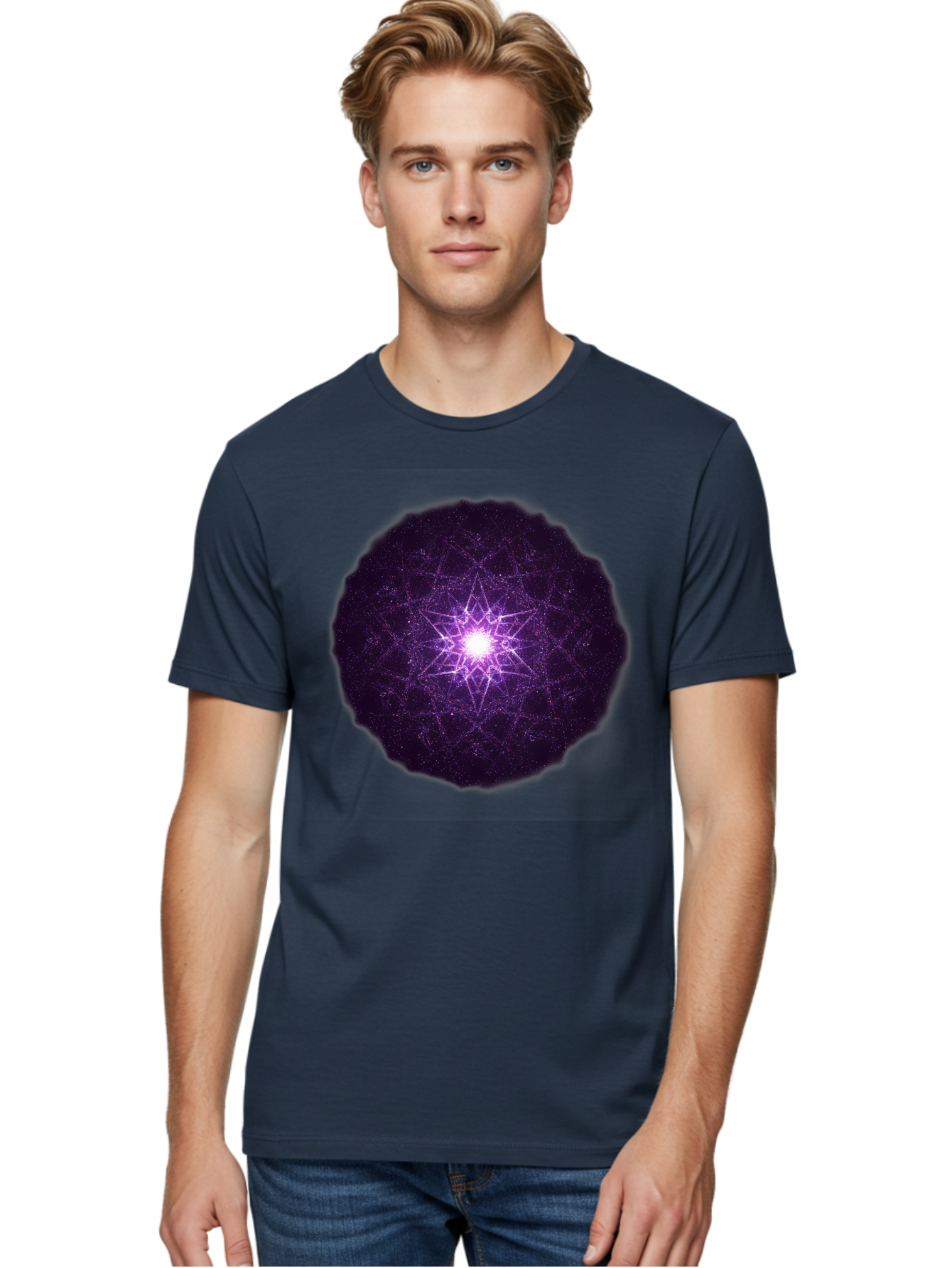 Purple-Star Men'S Graphic Tee, 100% Cotton, Comfortable Casual Summer Wear, Machine Washable, Sacred Geometry, Purple Star, Mystical Symbol, Spiritual Pattern, Geometric Shape, Celestial Body, Starburst, Mandala, Abstract Art, Cosmic Energy Bad467
