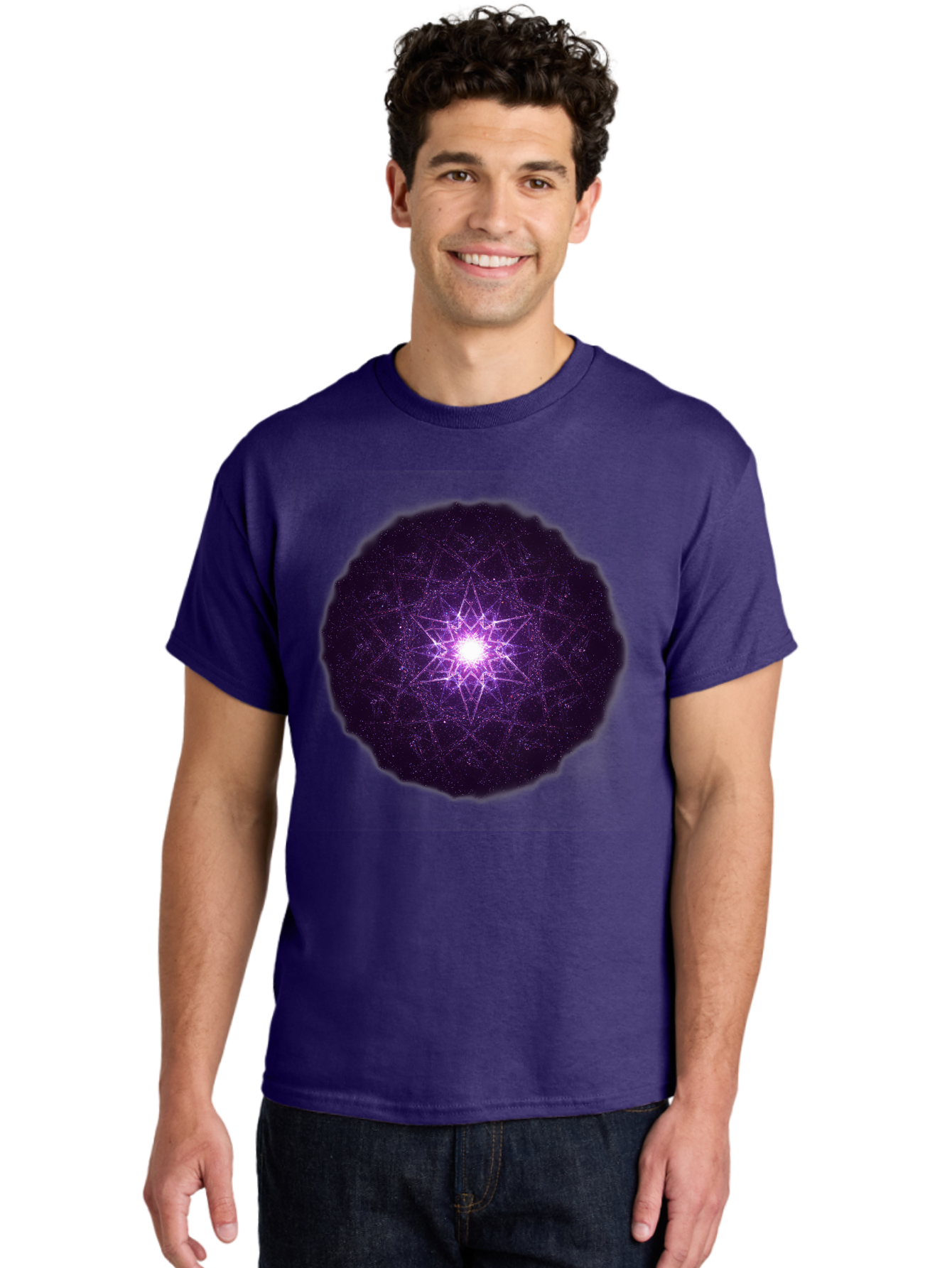 Purple-Star Men'S Graphic Tee, 100% Cotton, Comfortable Casual Summer Wear, Machine Washable, Sacred Geometry, Purple Star, Mystical Symbol, Spiritual Pattern, Geometric Shape, Celestial Body, Starburst, Mandala, Abstract Art, Cosmic Energy Bad467