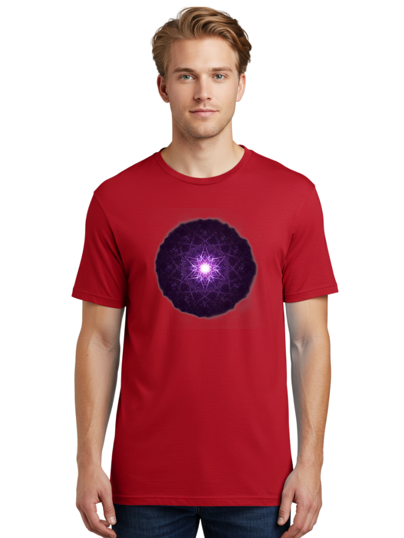 Purple-Star Men'S Graphic Tee, 100% Cotton, Comfortable Casual Summer Wear, Machine Washable, Sacred Geometry, Purple Star, Mystical Symbol, Spiritual Pattern, Geometric Shape, Celestial Body, Starburst, Mandala, Abstract Art, Cosmic Energy Bad467