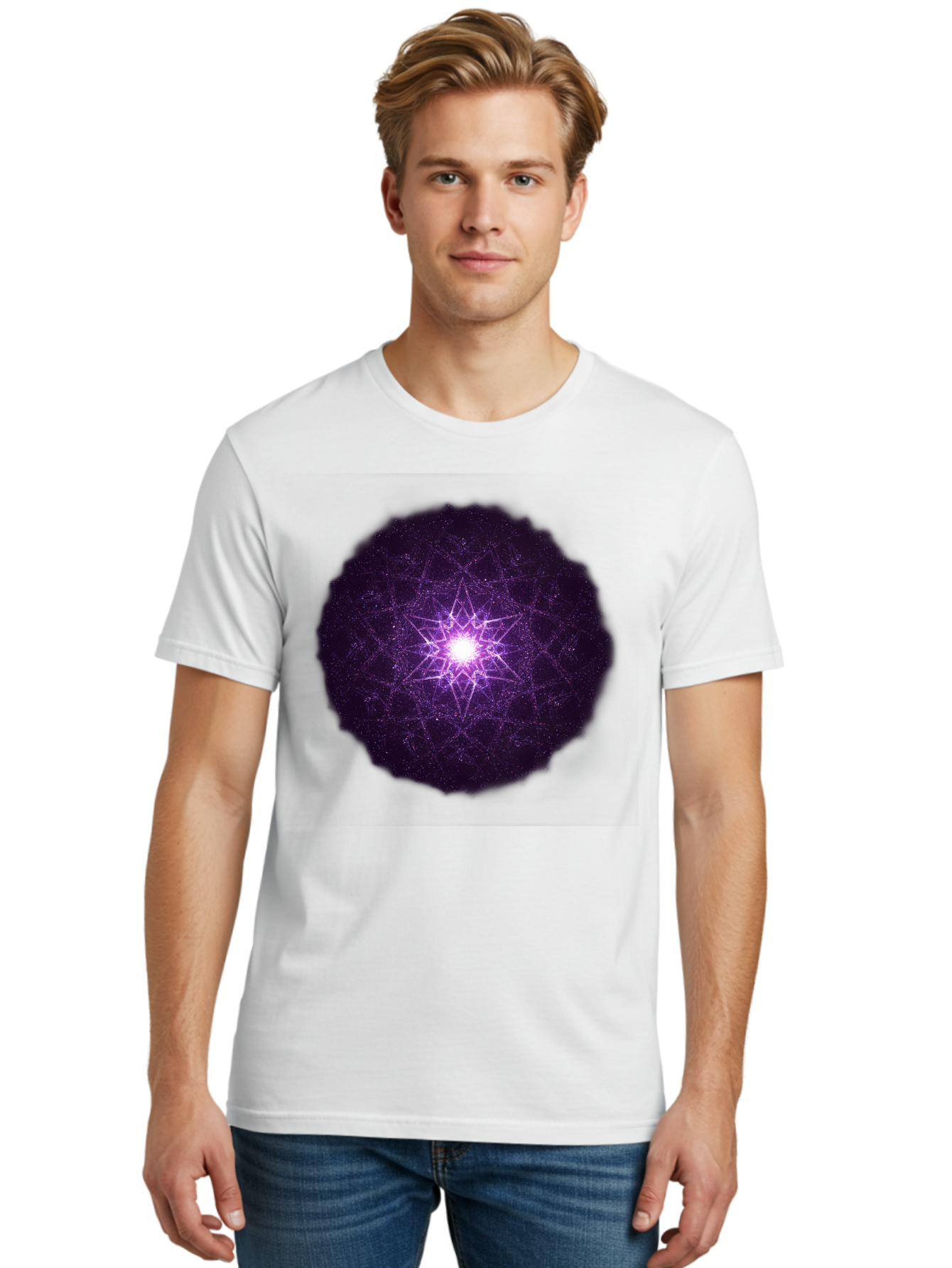 Purple-Star Men'S Graphic Tee, 100% Cotton, Comfortable Casual Summer Wear, Machine Washable, Sacred Geometry, Purple Star, Mystical Symbol, Spiritual Pattern, Geometric Shape, Celestial Body, Starburst, Mandala, Abstract Art, Cosmic Energy Bad467