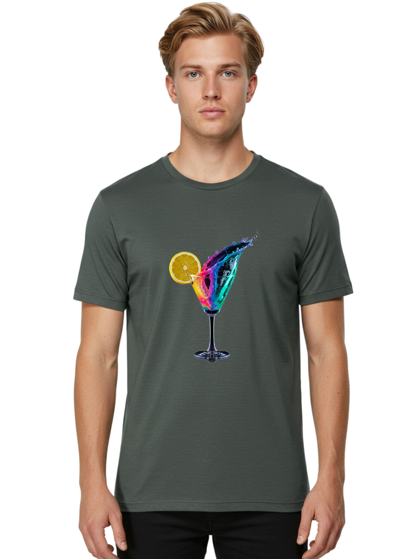 Rainbow-Cocktail Men'S Graphic Tee, 100% Cotton, Comfortable Casual Summer Wear, Machine Washable, Colorful Cocktail, Vibrant Drink, Splash Art, Orange Slice Garnish, Creative Mixology, Refreshing Beverage, Nightlife Ambiance, Party Drink Bad468