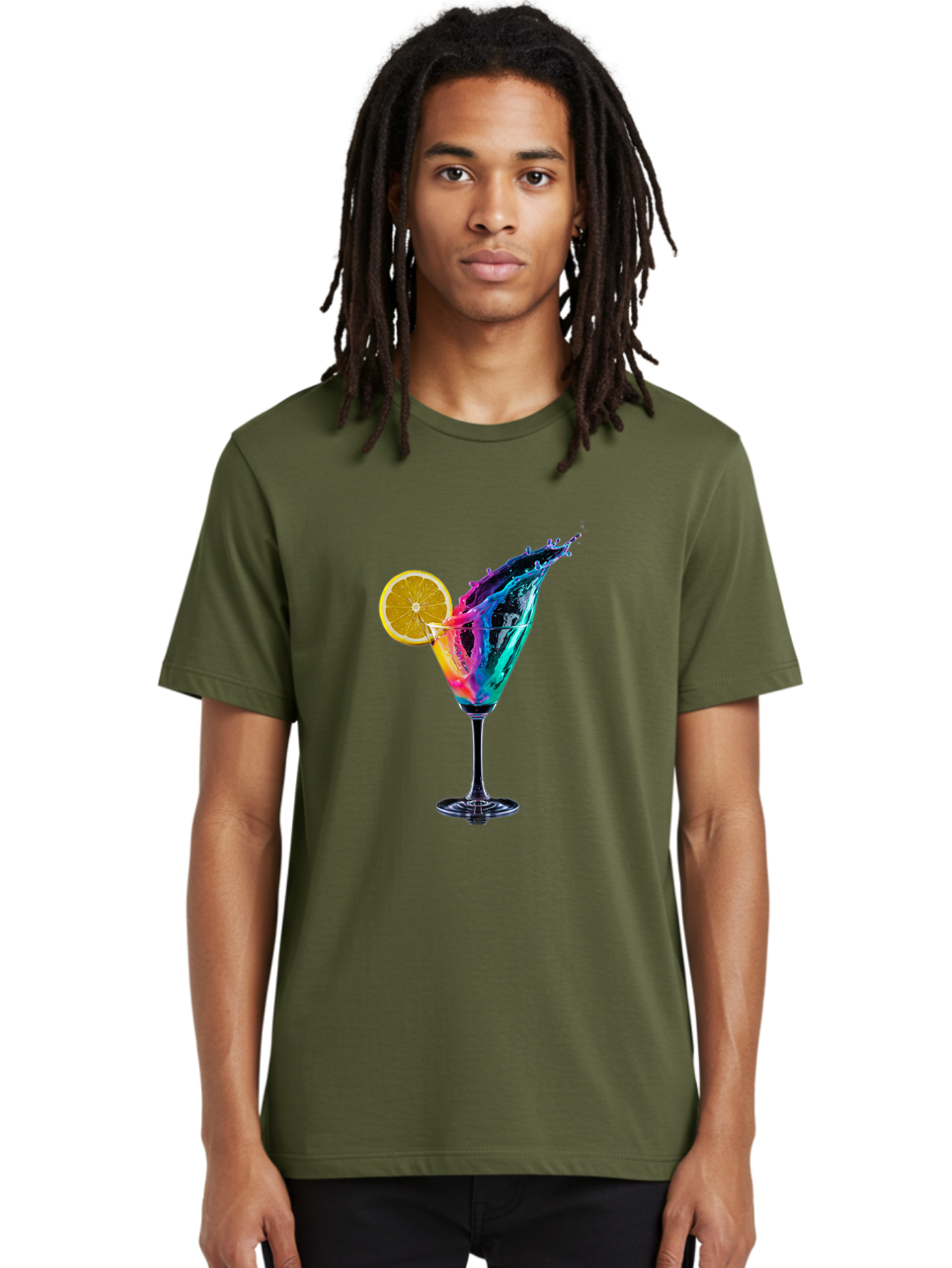 Rainbow-Cocktail Men'S Graphic Tee, 100% Cotton, Comfortable Casual Summer Wear, Machine Washable, Colorful Cocktail, Vibrant Drink, Splash Art, Orange Slice Garnish, Creative Mixology, Refreshing Beverage, Nightlife Ambiance, Party Drink Bad468
