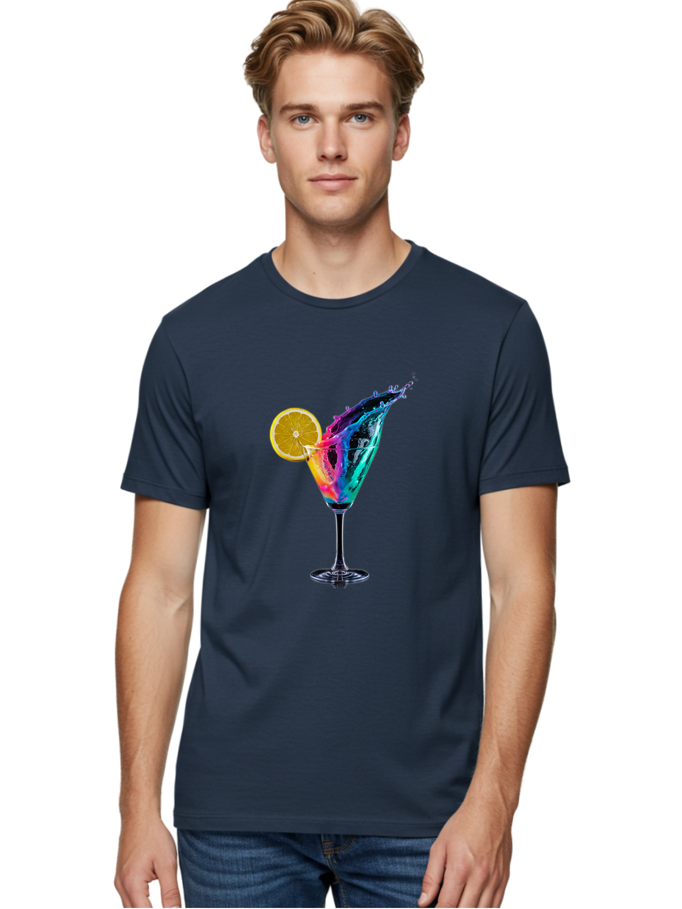 Rainbow-Cocktail Men'S Graphic Tee, 100% Cotton, Comfortable Casual Summer Wear, Machine Washable, Colorful Cocktail, Vibrant Drink, Splash Art, Orange Slice Garnish, Creative Mixology, Refreshing Beverage, Nightlife Ambiance, Party Drink Bad468