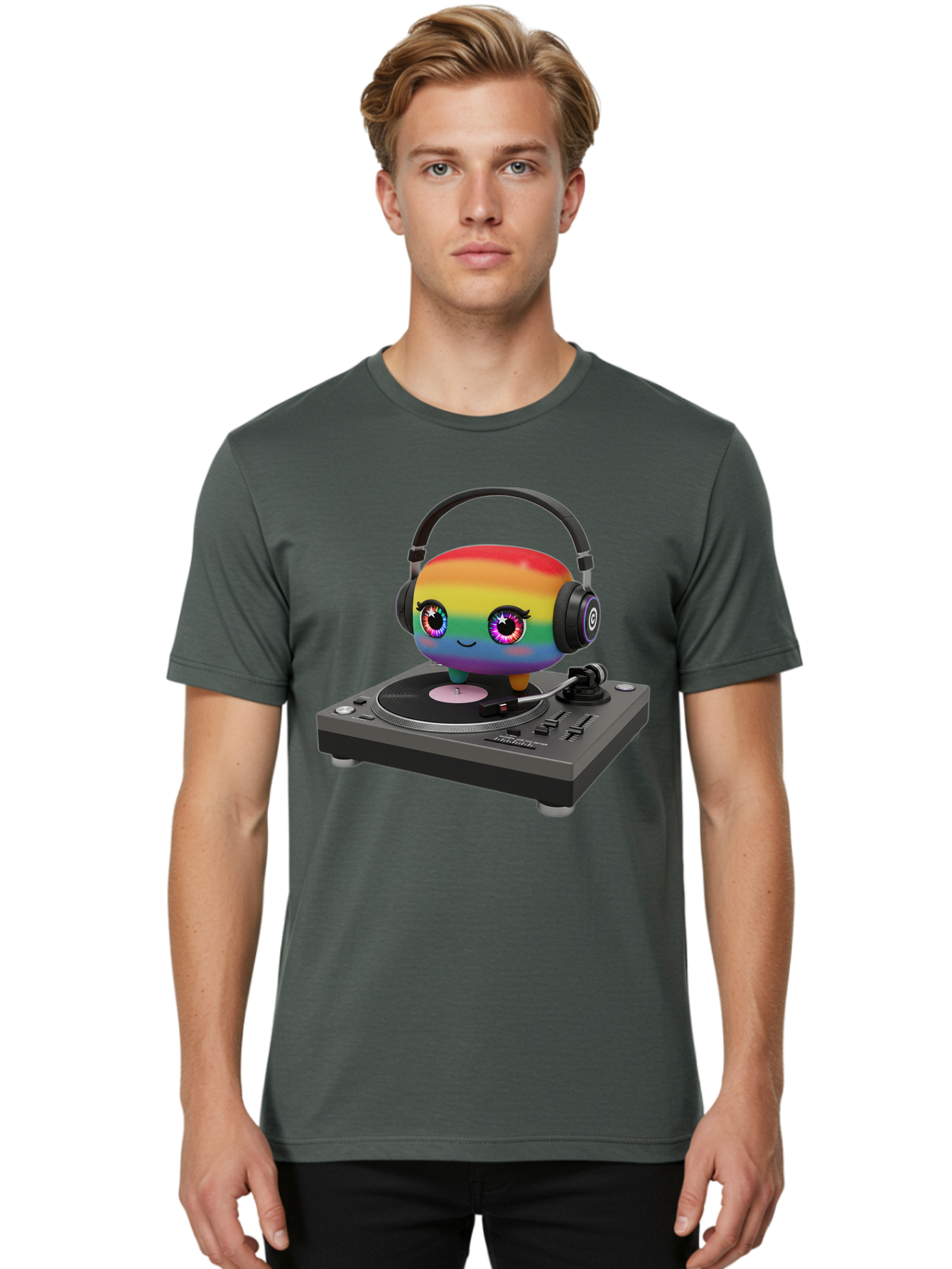 Rainbow-Kawaii-Dj Men'S Graphic Tee, 100% Cotton, Comfortable Casual Summer Wear, Machine Washable, Rainbow-Colored Emoji, Djing With Headphones, Vinyl Record Player, Music Production, Colorful Character, Playful Illustration, 3D Art, Bad469