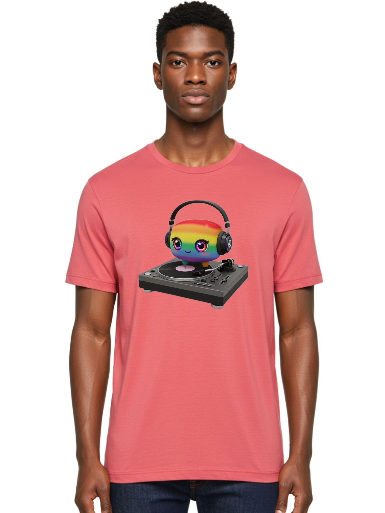 Rainbow-Kawaii-Dj Men'S Graphic Tee, 100% Cotton, Comfortable Casual Summer Wear, Machine Washable, Rainbow-Colored Emoji, Djing With Headphones, Vinyl Record Player, Music Production, Colorful Character, Playful Illustration, 3D Art, Bad469