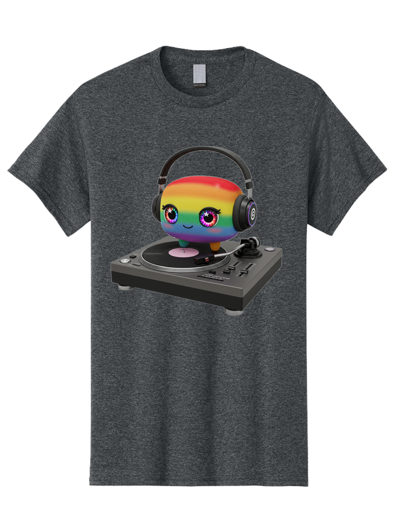 Rainbow-Kawaii-Dj Men'S Graphic Tee, 100% Cotton, Comfortable Casual Summer Wear, Machine Washable, Rainbow-Colored Emoji, Djing With Headphones, Vinyl Record Player, Music Production, Colorful Character, Playful Illustration, 3D Art, Bad469