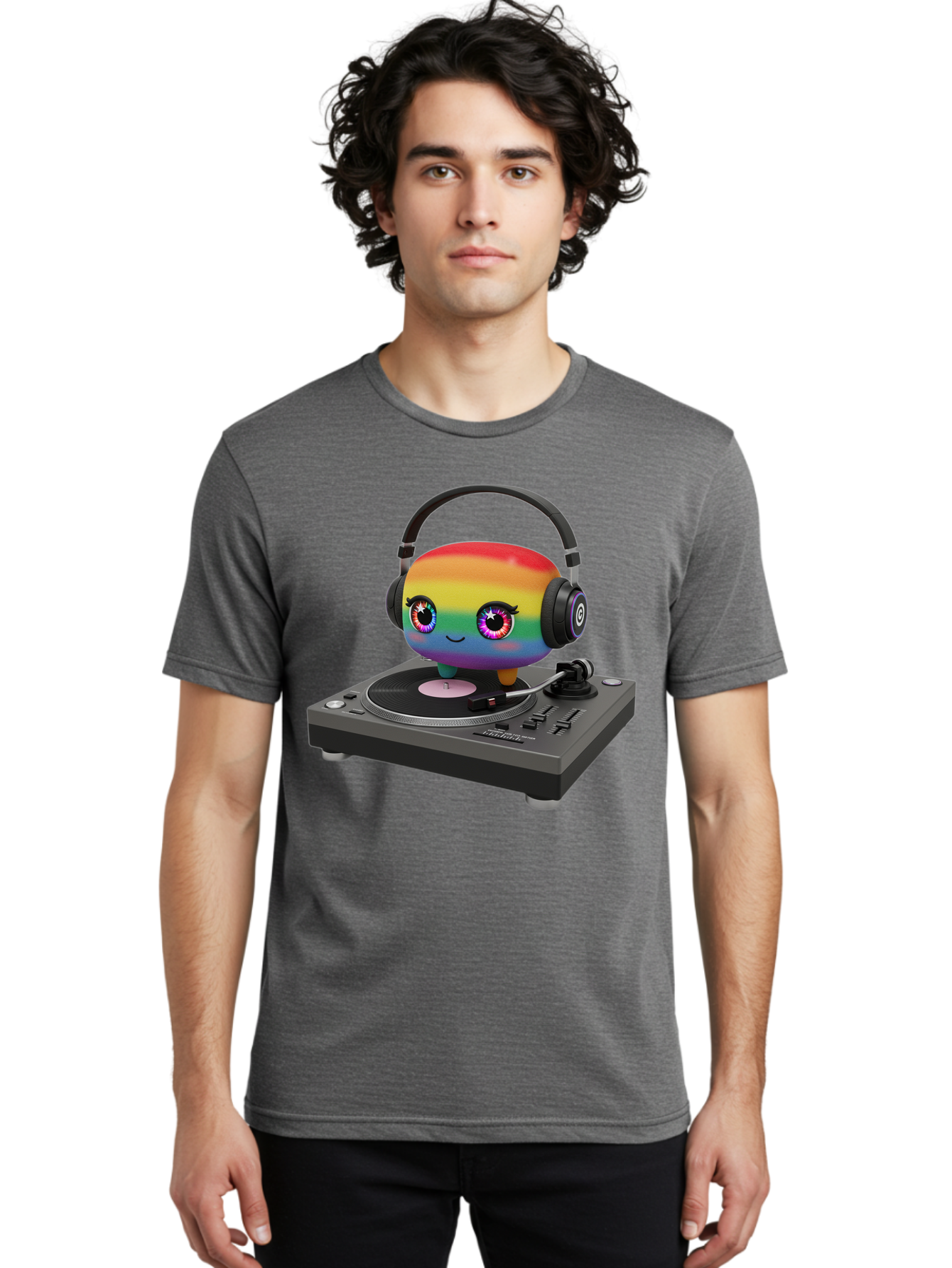 Rainbow-Kawaii-Dj Men'S Graphic Tee, 100% Cotton, Comfortable Casual Summer Wear, Machine Washable, Rainbow-Colored Emoji, Djing With Headphones, Vinyl Record Player, Music Production, Colorful Character, Playful Illustration, 3D Art, Bad469