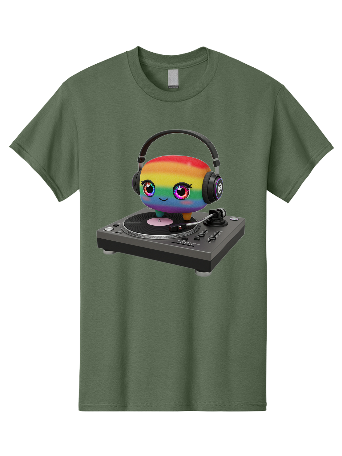 Rainbow-Kawaii-Dj Men'S Graphic Tee, 100% Cotton, Comfortable Casual Summer Wear, Machine Washable, Rainbow-Colored Emoji, Djing With Headphones, Vinyl Record Player, Music Production, Colorful Character, Playful Illustration, 3D Art, Bad469