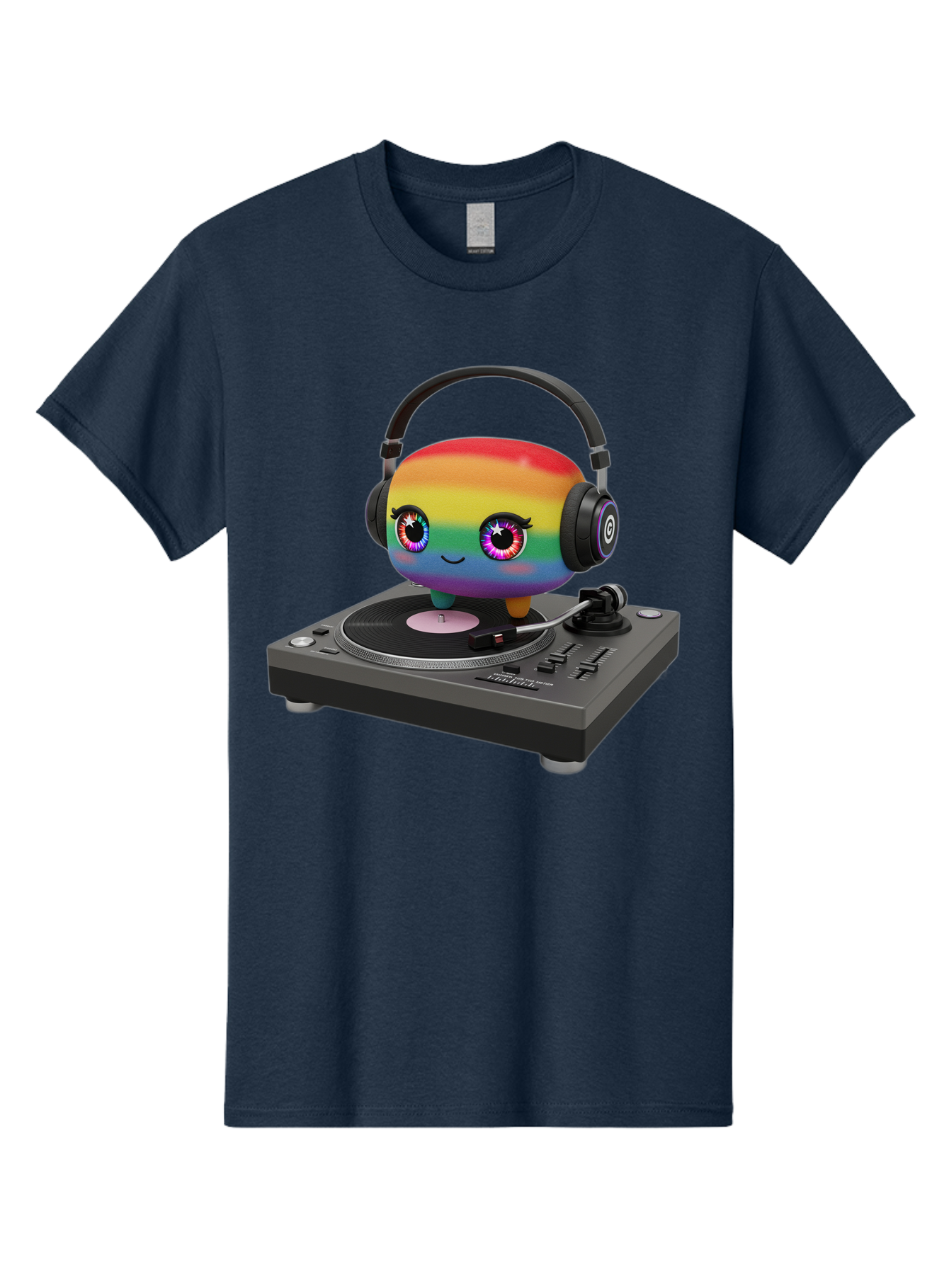 Rainbow-Kawaii-Dj Men'S Graphic Tee, 100% Cotton, Comfortable Casual Summer Wear, Machine Washable, Rainbow-Colored Emoji, Djing With Headphones, Vinyl Record Player, Music Production, Colorful Character, Playful Illustration, 3D Art, Bad469