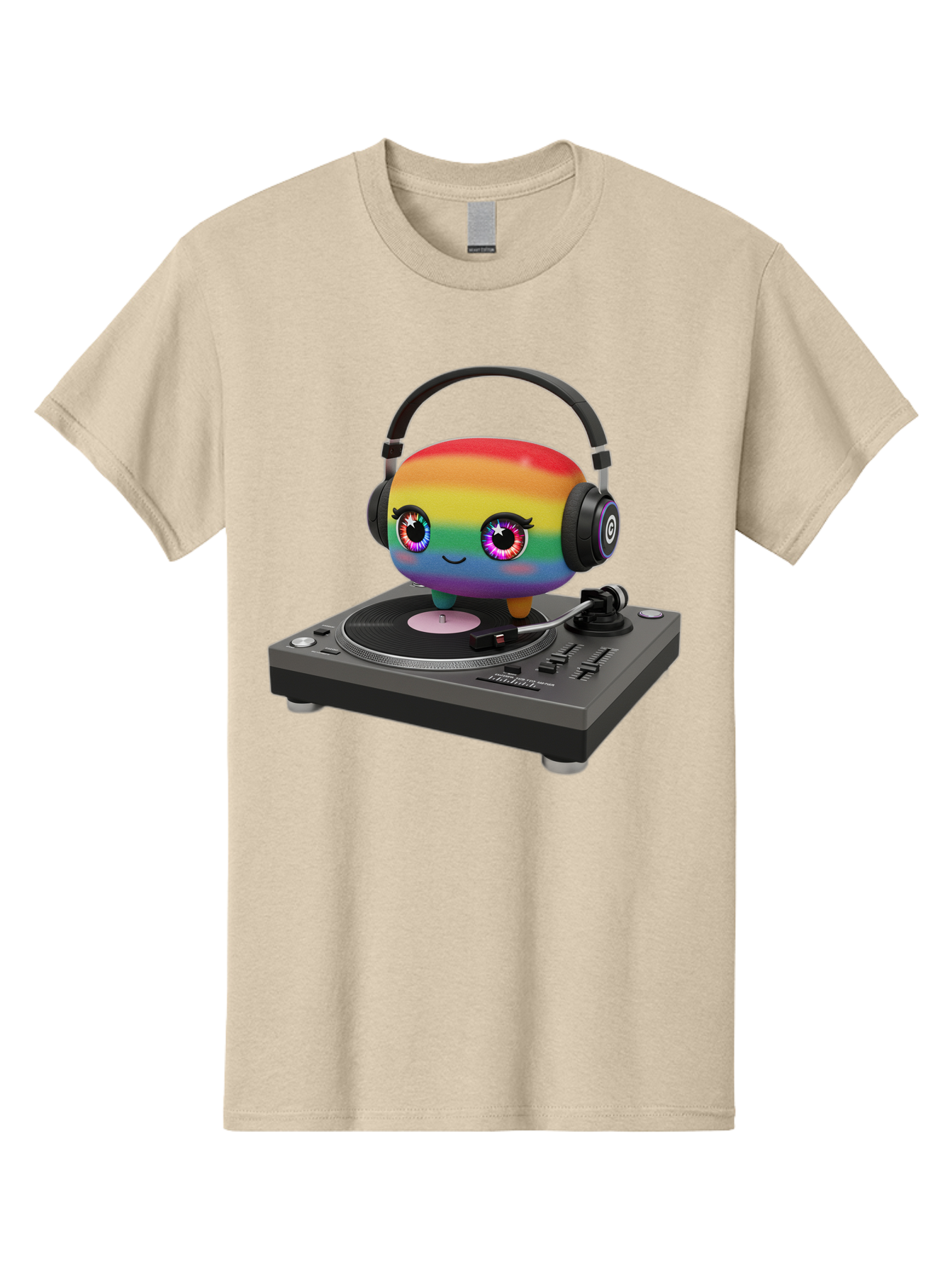 Rainbow-Kawaii-Dj Men'S Graphic Tee, 100% Cotton, Comfortable Casual Summer Wear, Machine Washable, Rainbow-Colored Emoji, Djing With Headphones, Vinyl Record Player, Music Production, Colorful Character, Playful Illustration, 3D Art, Bad469