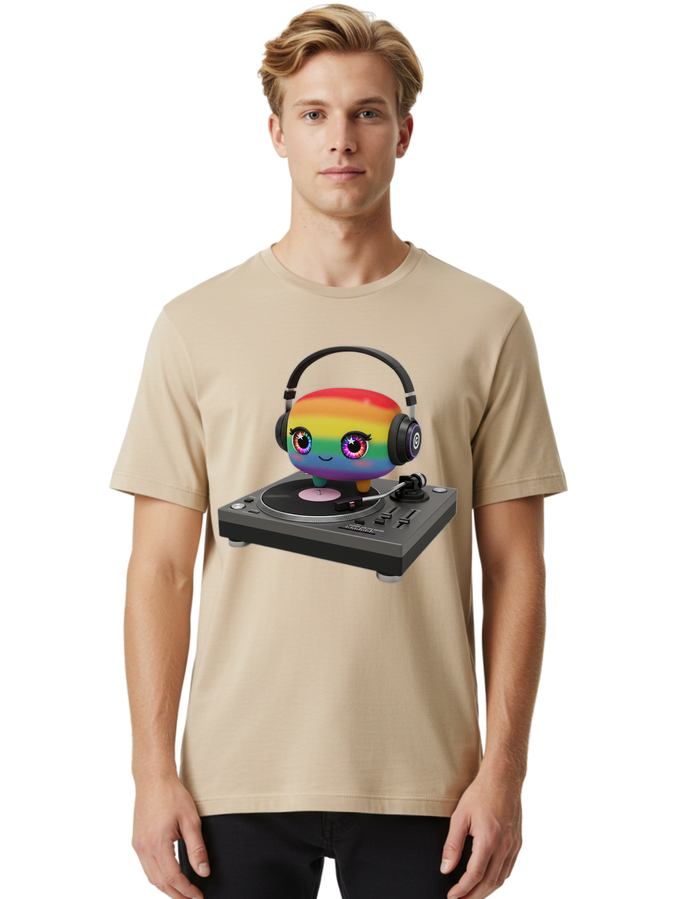Rainbow-Kawaii-Dj Men'S Graphic Tee, 100% Cotton, Comfortable Casual Summer Wear, Machine Washable, Rainbow-Colored Emoji, Djing With Headphones, Vinyl Record Player, Music Production, Colorful Character, Playful Illustration, 3D Art, Bad469