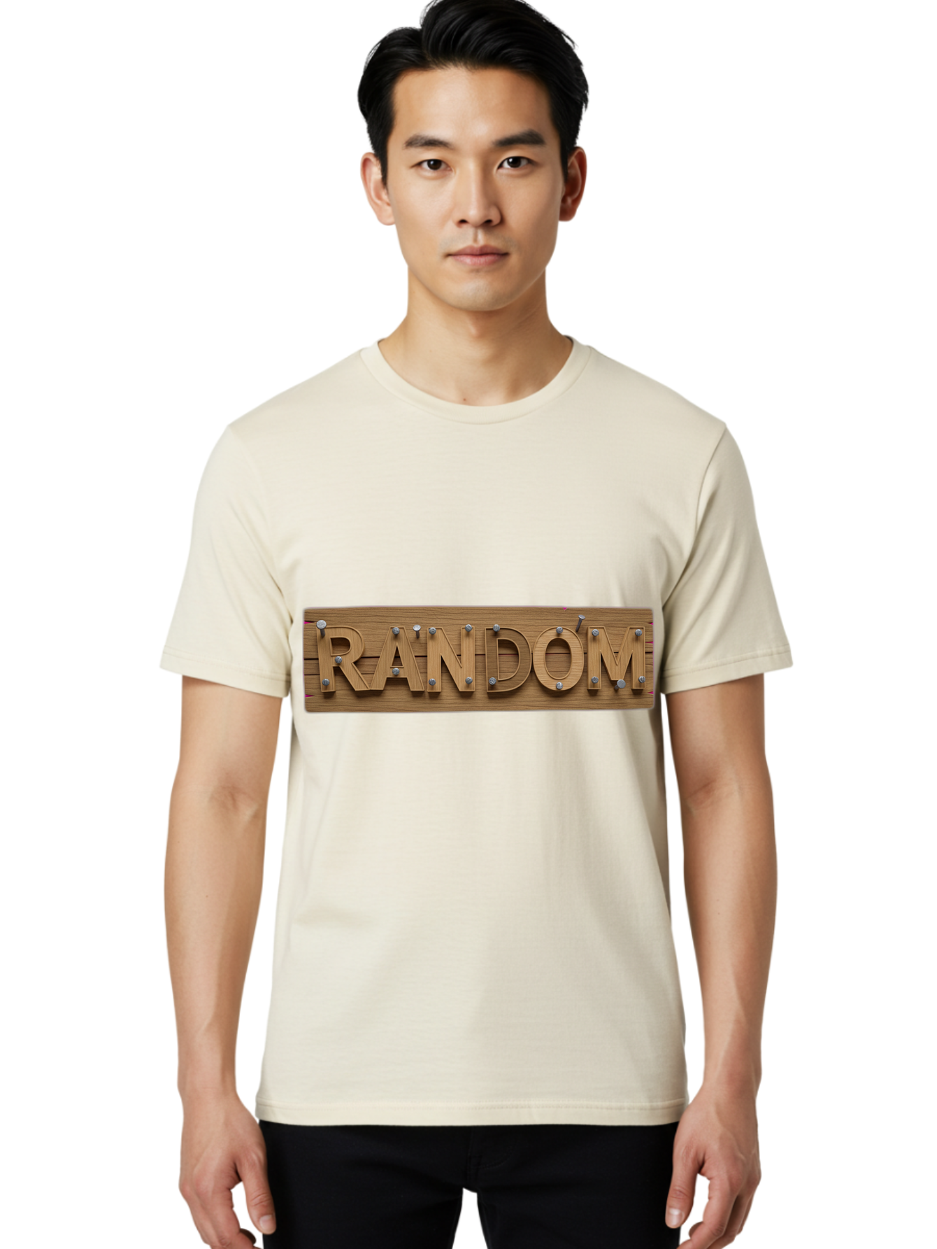 Random Men'S Graphic Tee, 100% Cotton, Comfortable Casual Summer Wear, Machine Washable, Wooden Sign, 3D Text, Random Word, Abstract Concept, Creative Design, Modern Art, Unusual Typography, Wooden Texture, Metal Bolts Bad470