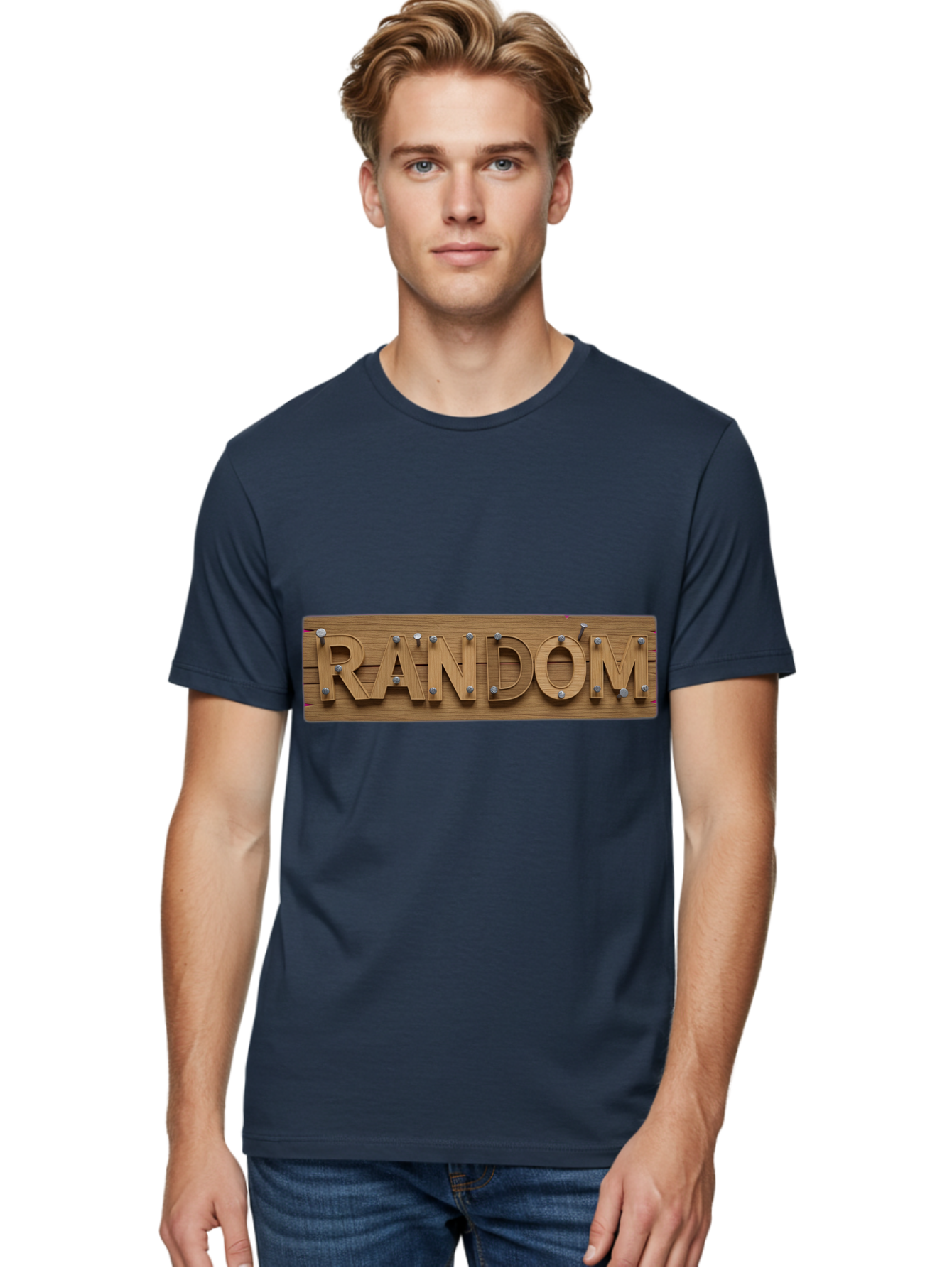 Random Men'S Graphic Tee, 100% Cotton, Comfortable Casual Summer Wear, Machine Washable, Wooden Sign, 3D Text, Random Word, Abstract Concept, Creative Design, Modern Art, Unusual Typography, Wooden Texture, Metal Bolts Bad470