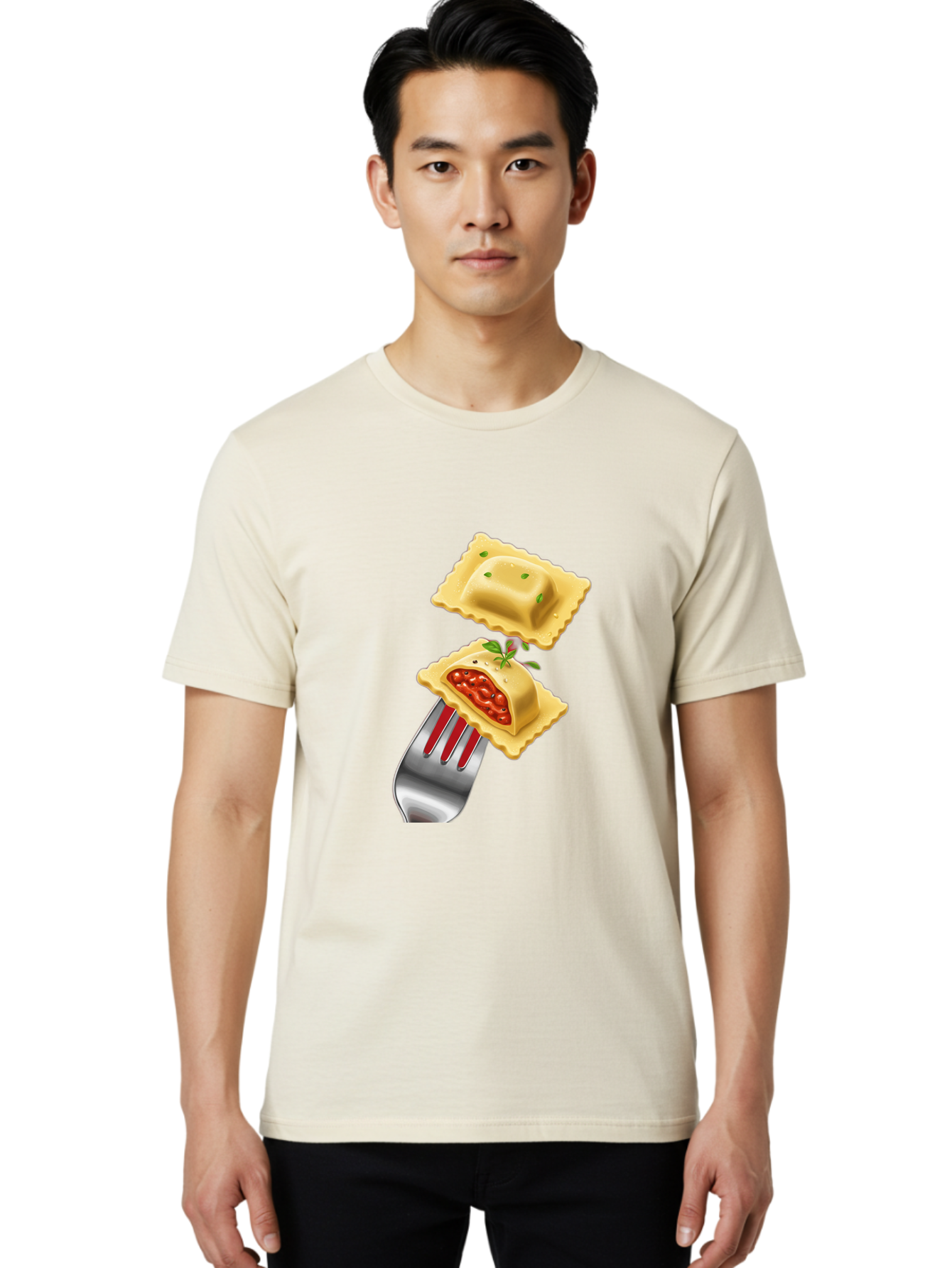 Ravioli Men'S Graphic Tee, 100% Cotton, Comfortable Casual Summer Wear, Machine Washable, Ravioli On Fork, Pasta Dish, Italian Cuisine, Stuffed Pasta, Red Sauce, Green Herbs, Culinary Art, Food Illustration, Gourmet Meal Bad472