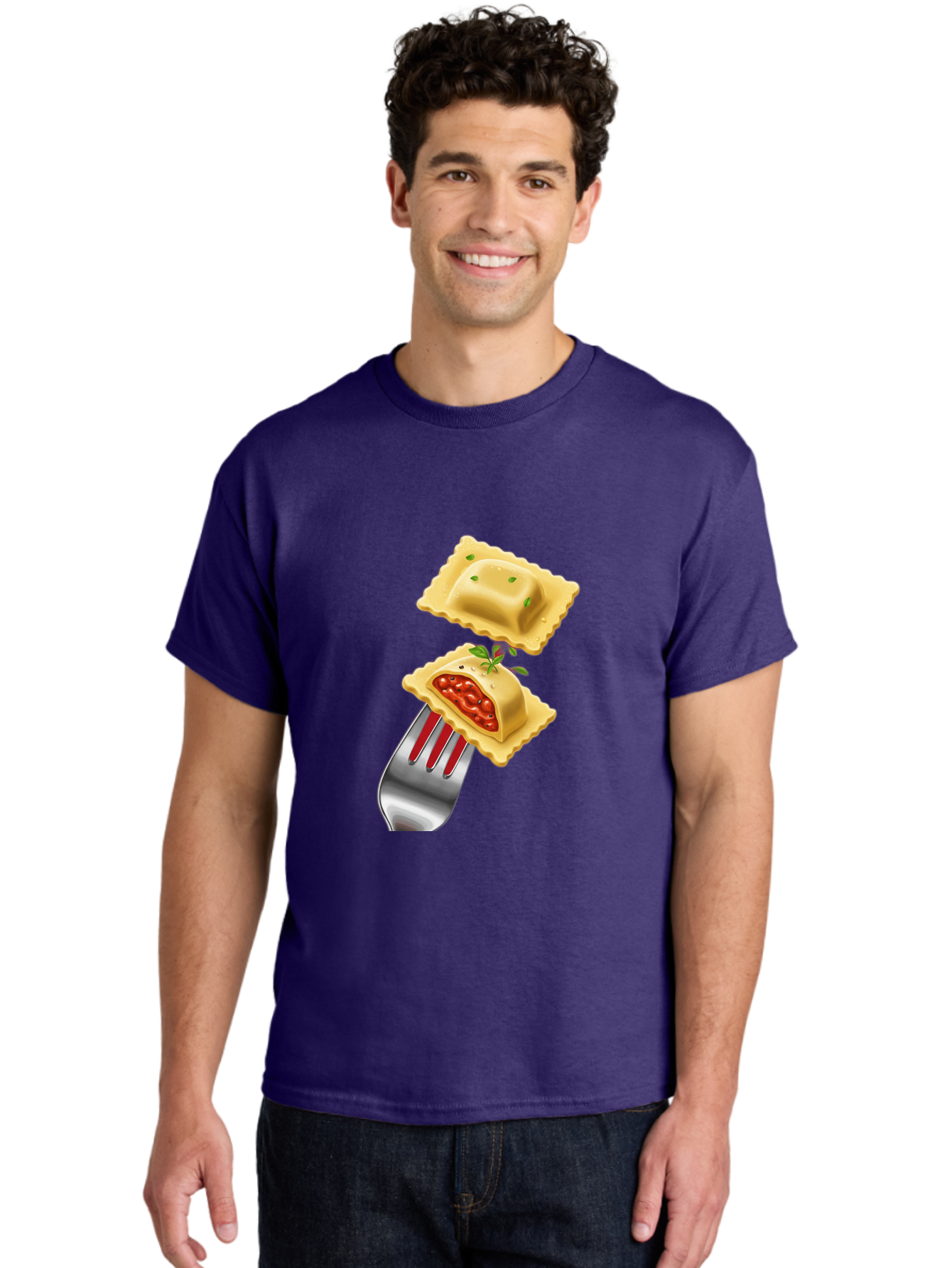 Ravioli Men'S Graphic Tee, 100% Cotton, Comfortable Casual Summer Wear, Machine Washable, Ravioli On Fork, Pasta Dish, Italian Cuisine, Stuffed Pasta, Red Sauce, Green Herbs, Culinary Art, Food Illustration, Gourmet Meal Bad472
