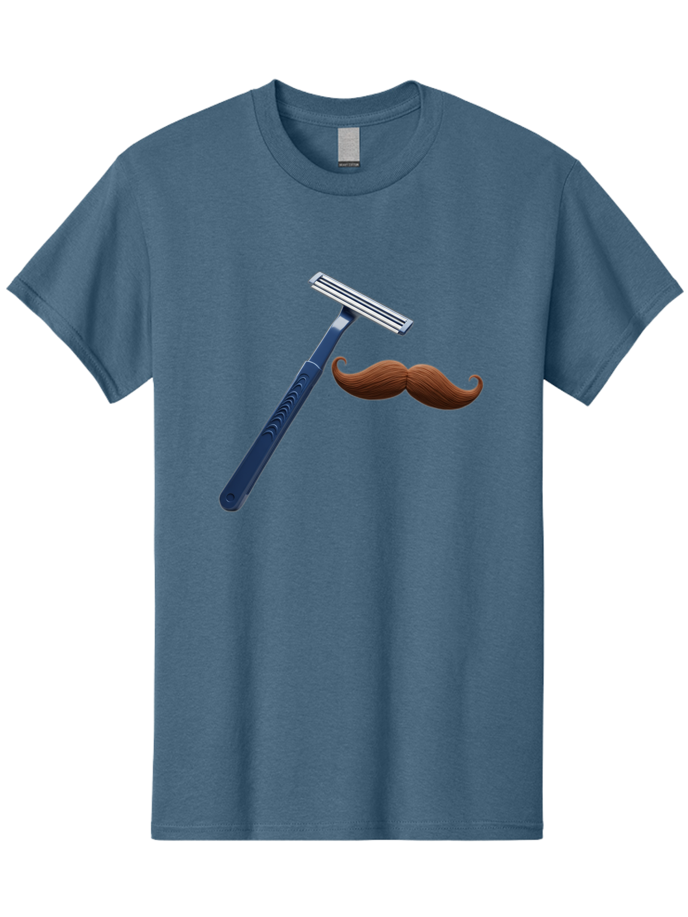 Razor-And-Mustache Men'S Graphic Tee, 100% Cotton, Comfortable Casual Summer Wear, Machine Washable, Safety Razor, Shaving Razor, Men'S Grooming, Facial Hair, Mustache, Blue Handle, Silver Head, Grooming Tools, Personal Care Bad474