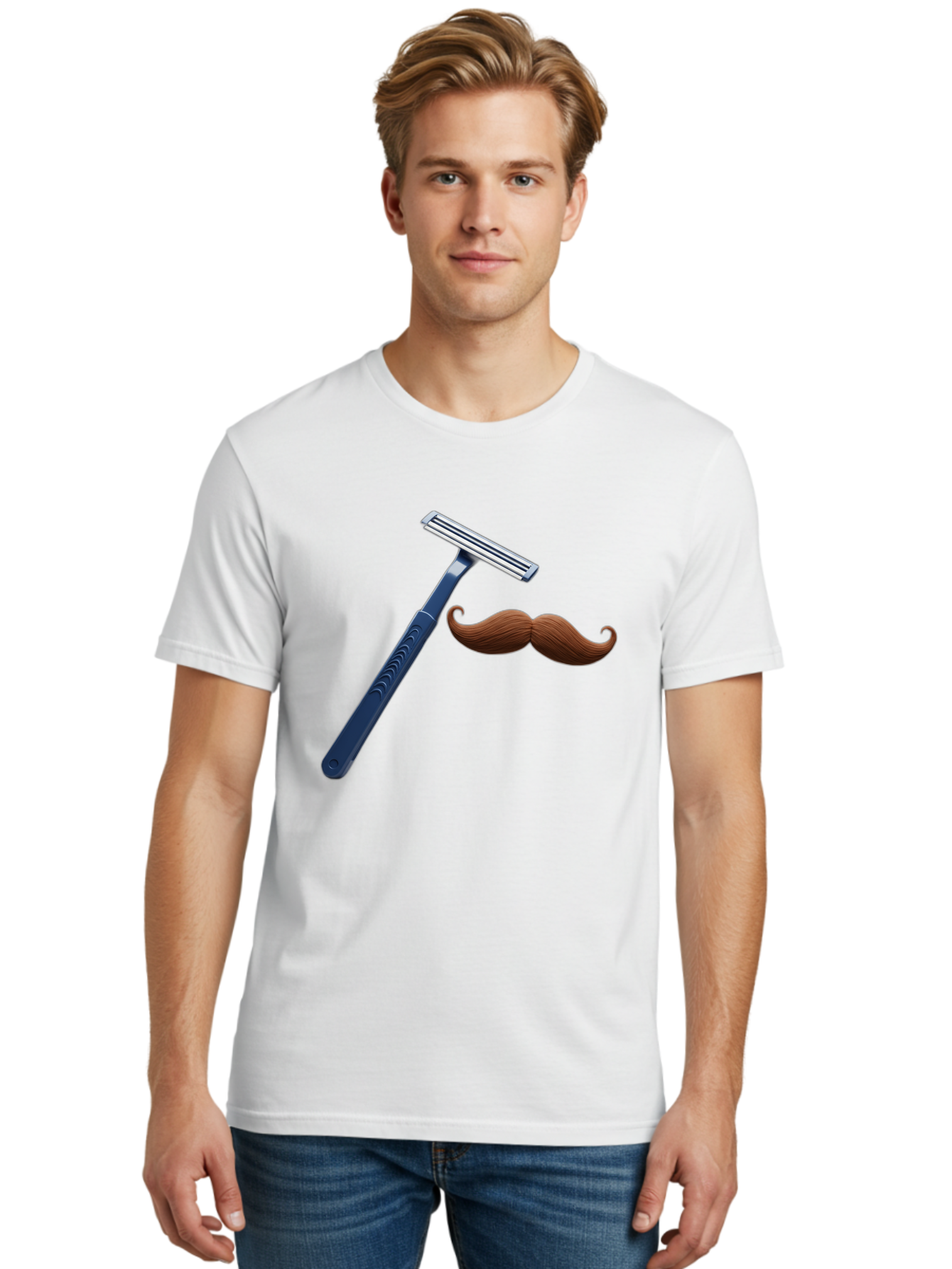 Razor-And-Mustache Men'S Graphic Tee, 100% Cotton, Comfortable Casual Summer Wear, Machine Washable, Safety Razor, Shaving Razor, Men'S Grooming, Facial Hair, Mustache, Blue Handle, Silver Head, Grooming Tools, Personal Care Bad474