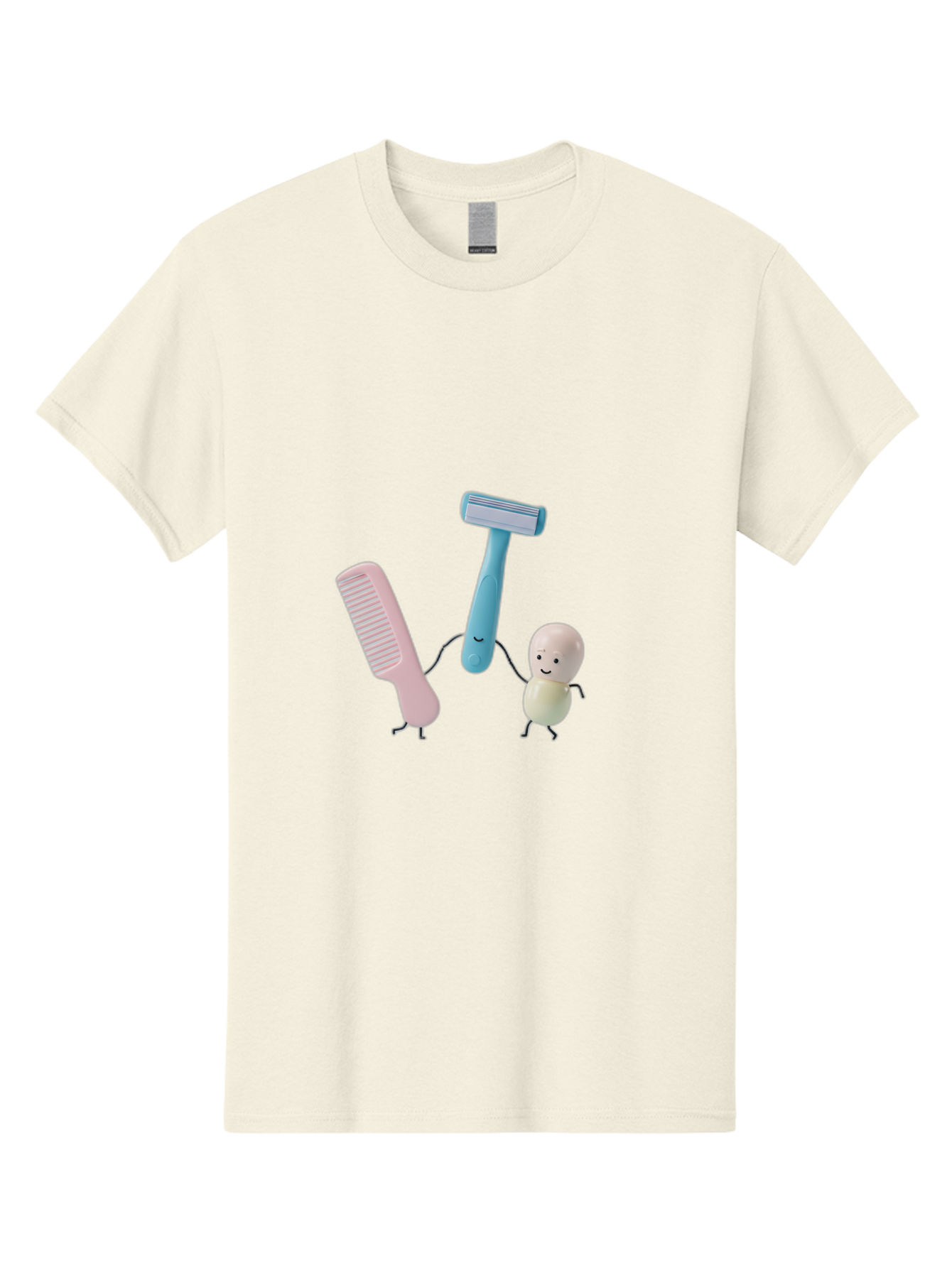 Razor-Comb-And-Egg Men'S Graphic Tee, 100% Cotton, Comfortable Casual Summer Wear, Machine Washable, Shaving, Grooming, Personal Care, Cartoon Characters, Pink Comb, Blue Razor, Smiling Egg, Cute Scene, Hygiene Products, Funny Illustration Bad476