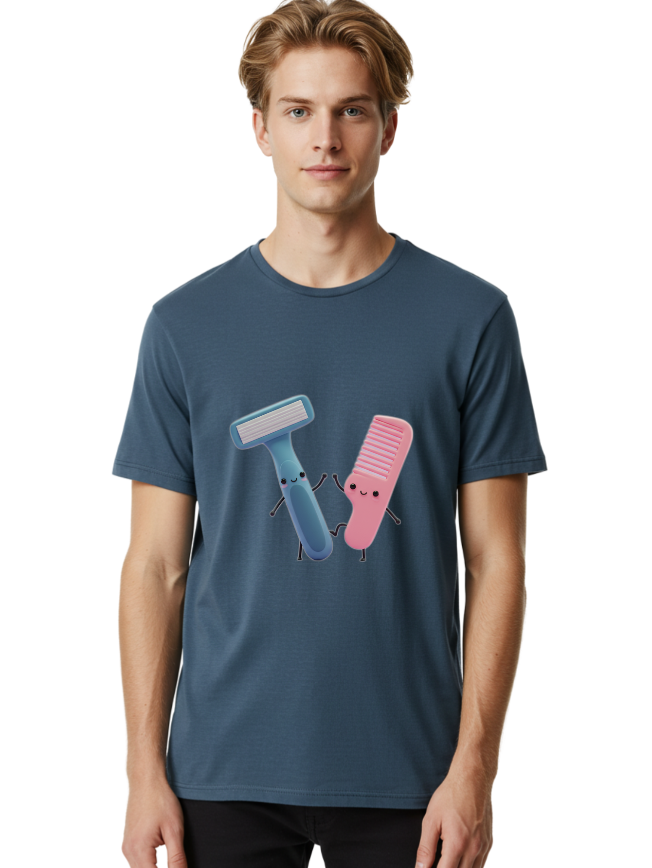 Razor-Duo Men'S Graphic Tee, 100% Cotton, Comfortable Casual Summer Wear, Machine Washable, Cartoon Razors, Pink And Blue Razors, Razor Characters, Shaving, Personal Care, Hygiene Products, Grooming, Razor Blades Bad477