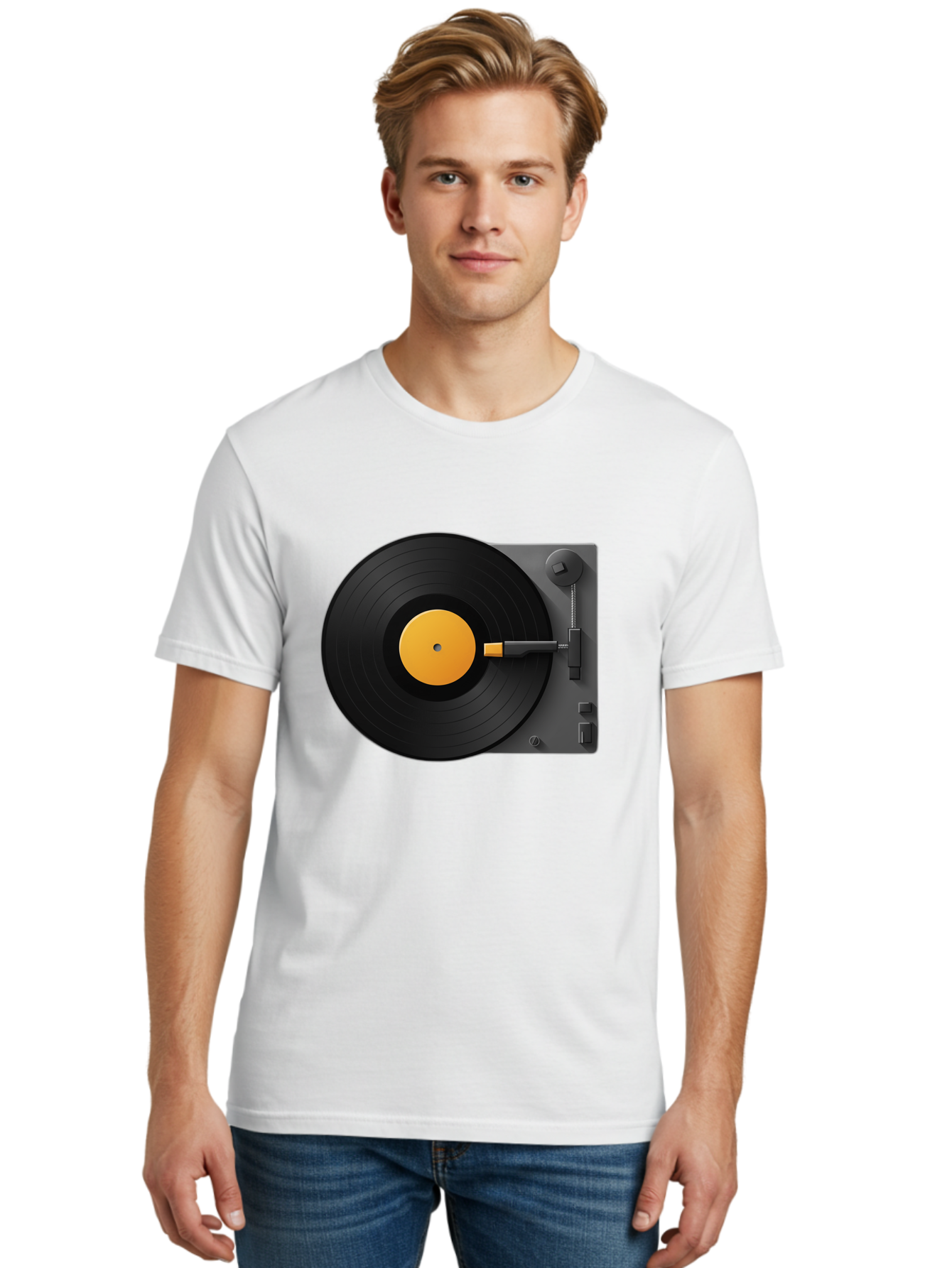 Record-Player Men'S Graphic Tee, 100% Cotton, Comfortable Casual Summer Wear, Machine Washable, Vinyl Record Player, Turntable, Dj Equipment, Music Playback, Audio Technology, Retro Music Player, Nostalgic Sound System Bad482