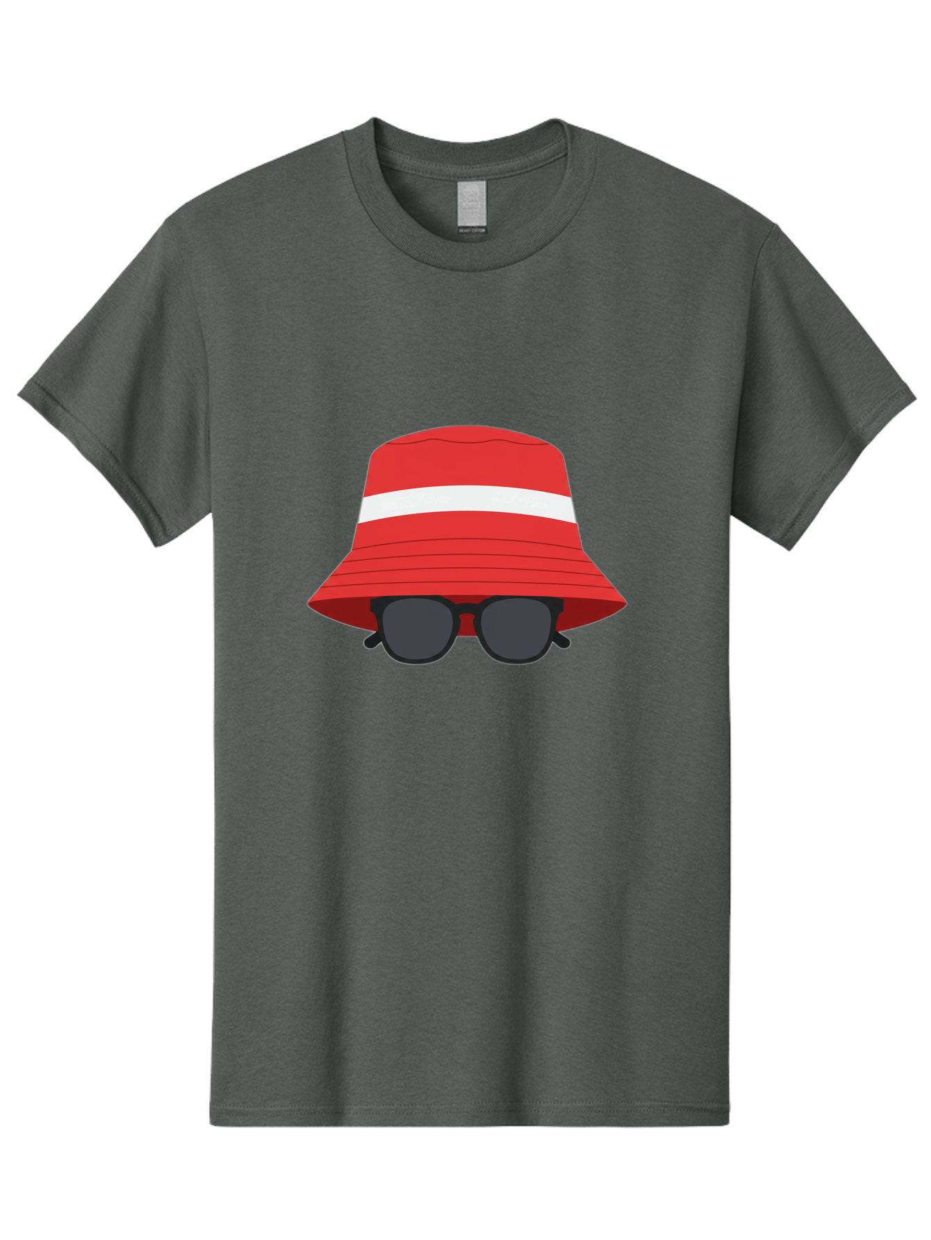 Red-Bucket-Hat-With-Sunglasses Men'S Graphic Tee, 100% Cotton, Comfortable Casual Summer Wear, Machine Washable, Red Bucket Hat, White Stripe, Sunglasses, Summer Fashion, Beachwear, Stylish Accessories, Trendy Outfits, Sunglasses Fashion, Bad483