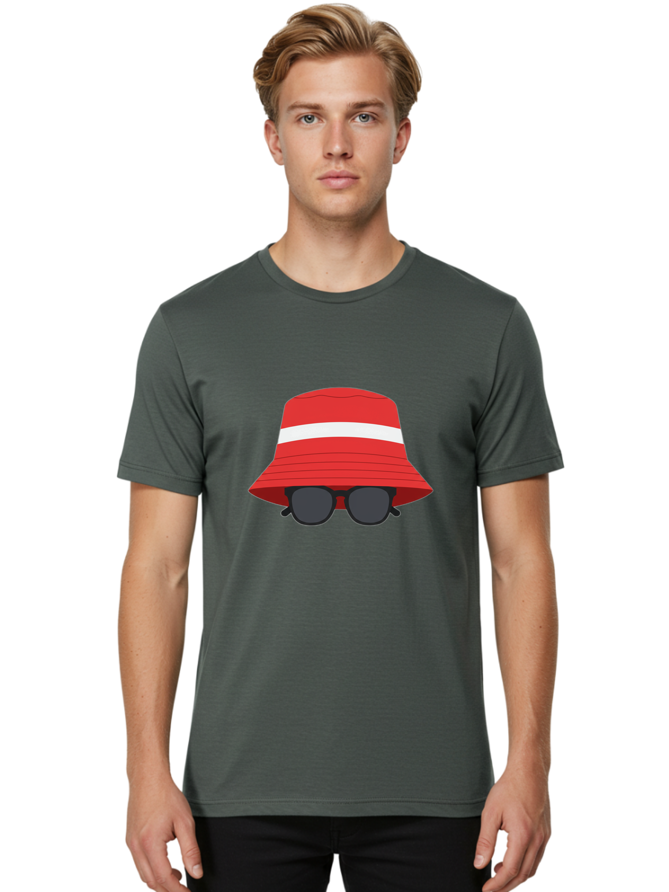 Red-Bucket-Hat-With-Sunglasses Men'S Graphic Tee, 100% Cotton, Comfortable Casual Summer Wear, Machine Washable, Red Bucket Hat, White Stripe, Sunglasses, Summer Fashion, Beachwear, Stylish Accessories, Trendy Outfits, Sunglasses Fashion, Bad483