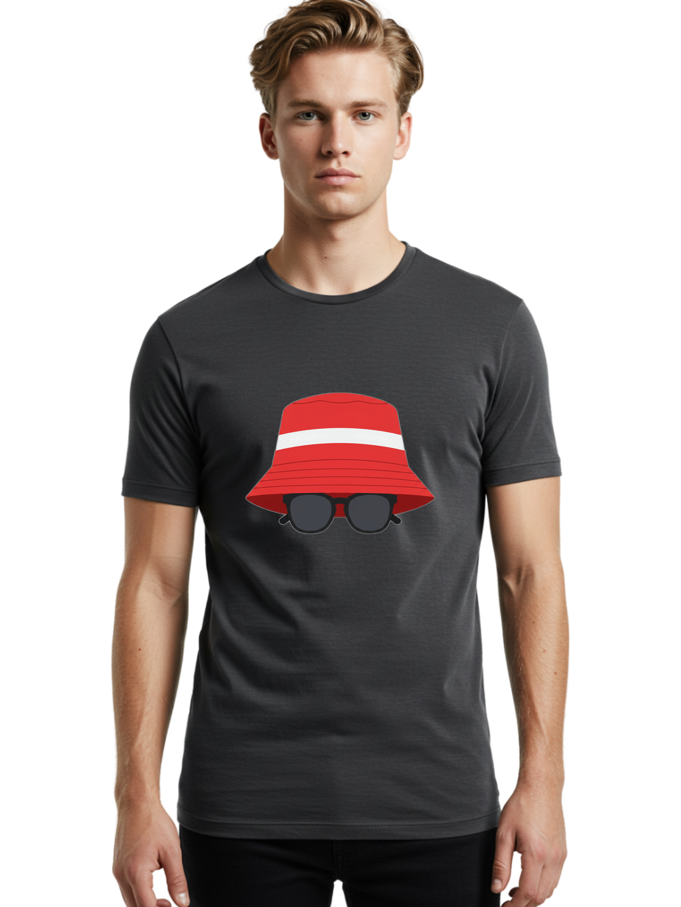Red-Bucket-Hat-With-Sunglasses Men'S Graphic Tee, 100% Cotton, Comfortable Casual Summer Wear, Machine Washable, Red Bucket Hat, White Stripe, Sunglasses, Summer Fashion, Beachwear, Stylish Accessories, Trendy Outfits, Sunglasses Fashion, Bad483