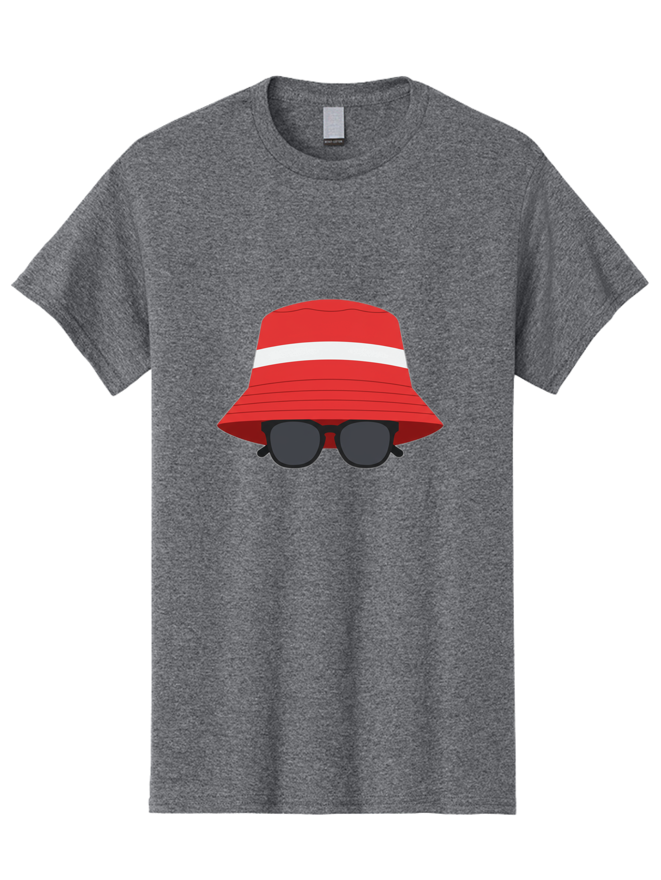 Red-Bucket-Hat-With-Sunglasses Men'S Graphic Tee, 100% Cotton, Comfortable Casual Summer Wear, Machine Washable, Red Bucket Hat, White Stripe, Sunglasses, Summer Fashion, Beachwear, Stylish Accessories, Trendy Outfits, Sunglasses Fashion, Bad483