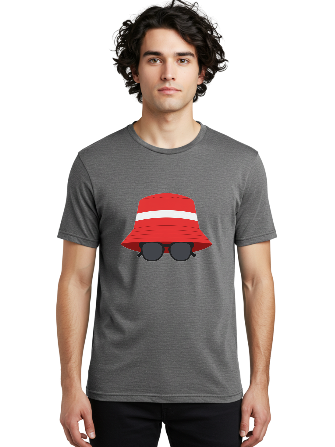 Red-Bucket-Hat-With-Sunglasses Men'S Graphic Tee, 100% Cotton, Comfortable Casual Summer Wear, Machine Washable, Red Bucket Hat, White Stripe, Sunglasses, Summer Fashion, Beachwear, Stylish Accessories, Trendy Outfits, Sunglasses Fashion, Bad483