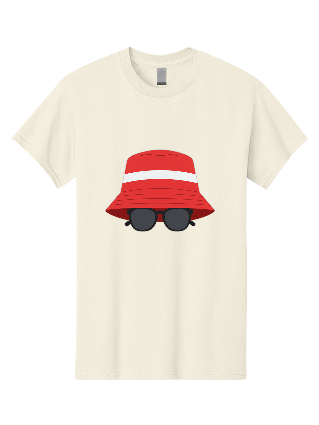 Red-Bucket-Hat-With-Sunglasses Men'S Graphic Tee, 100% Cotton, Comfortable Casual Summer Wear, Machine Washable, Red Bucket Hat, White Stripe, Sunglasses, Summer Fashion, Beachwear, Stylish Accessories, Trendy Outfits, Sunglasses Fashion, Bad483
