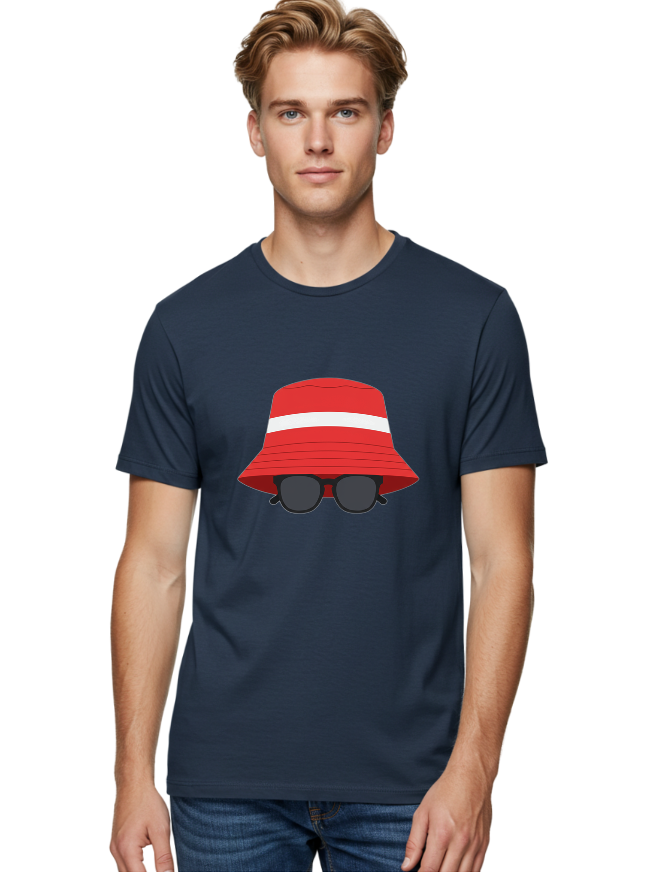 Red-Bucket-Hat-With-Sunglasses Men'S Graphic Tee, 100% Cotton, Comfortable Casual Summer Wear, Machine Washable, Red Bucket Hat, White Stripe, Sunglasses, Summer Fashion, Beachwear, Stylish Accessories, Trendy Outfits, Sunglasses Fashion, Bad483